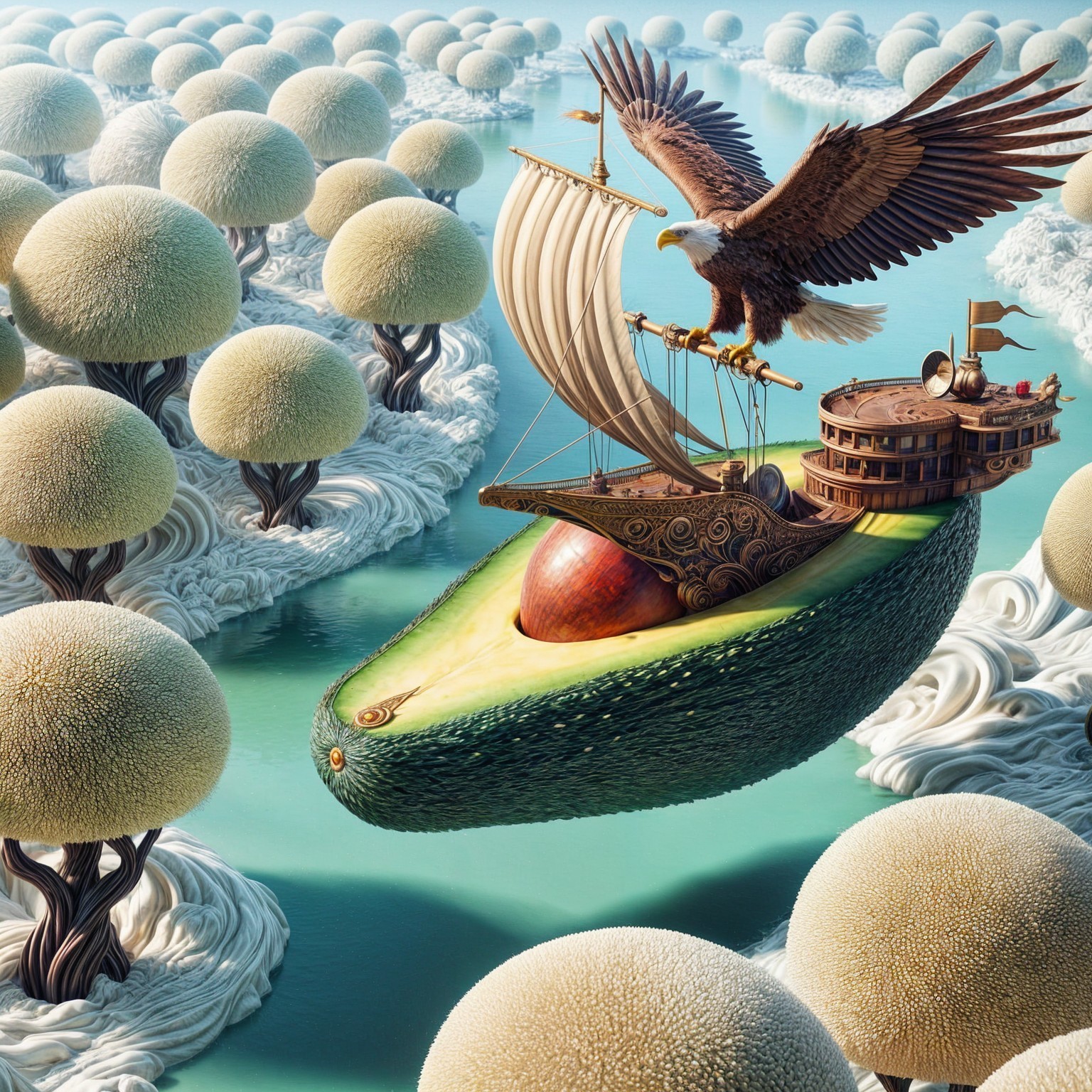Avocado-shaped ship in a surreal fantasy landscape