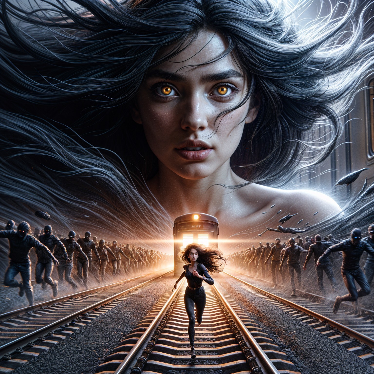 Young woman with glowing eyes runs from shadowy figures