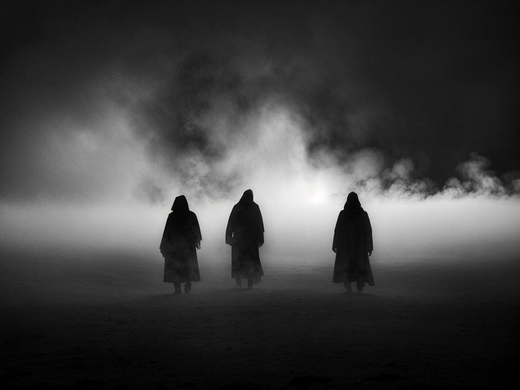 Cloaked Figures in a Foggy Black-and-White Scene