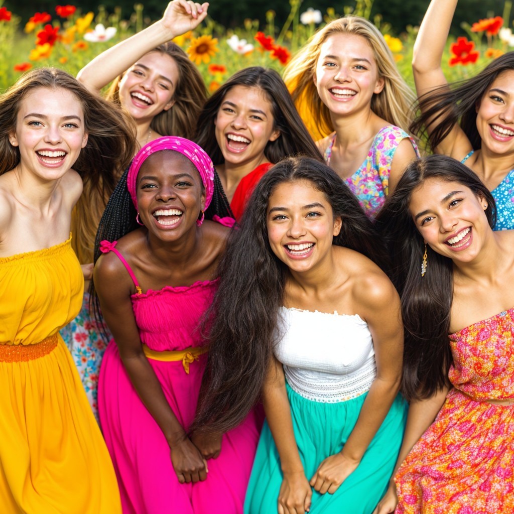 Young women in colorful dresses pose in flower field