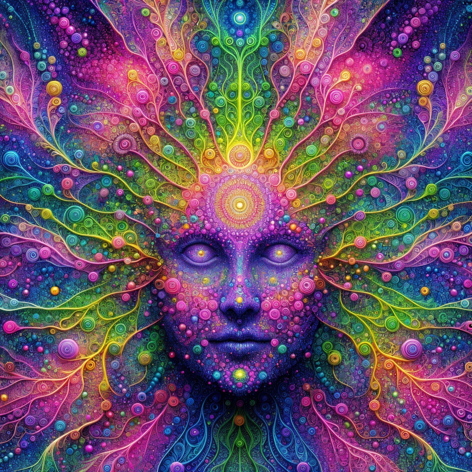 Vibrant Face Surrounded by Colorful Patterns and Orbs