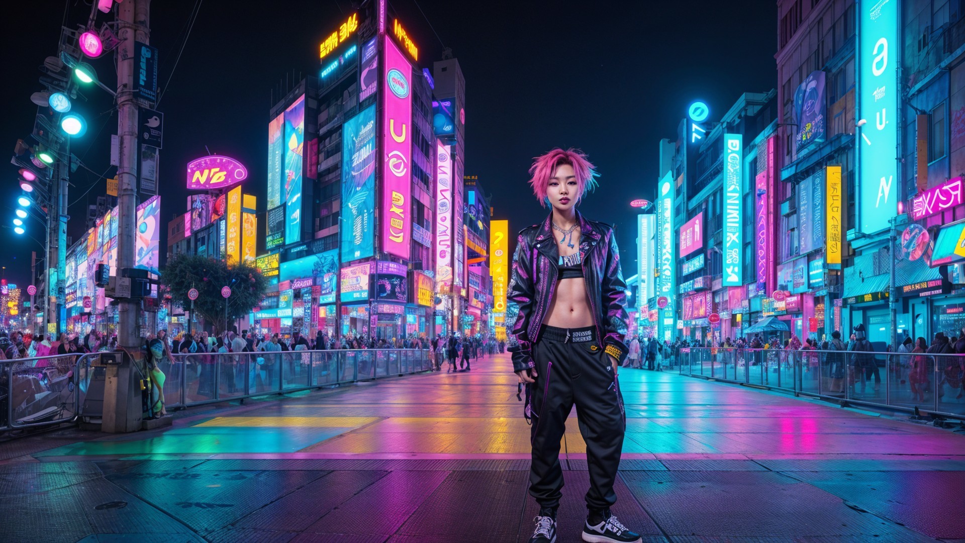 Vibrant Nighttime Urban Scene with Neon Lights