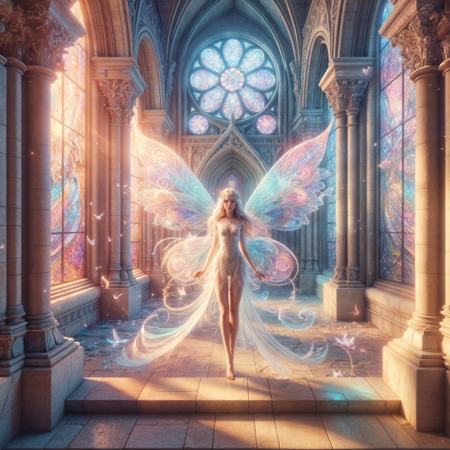 Fairy with Iridescent Wings in Cathedral Space