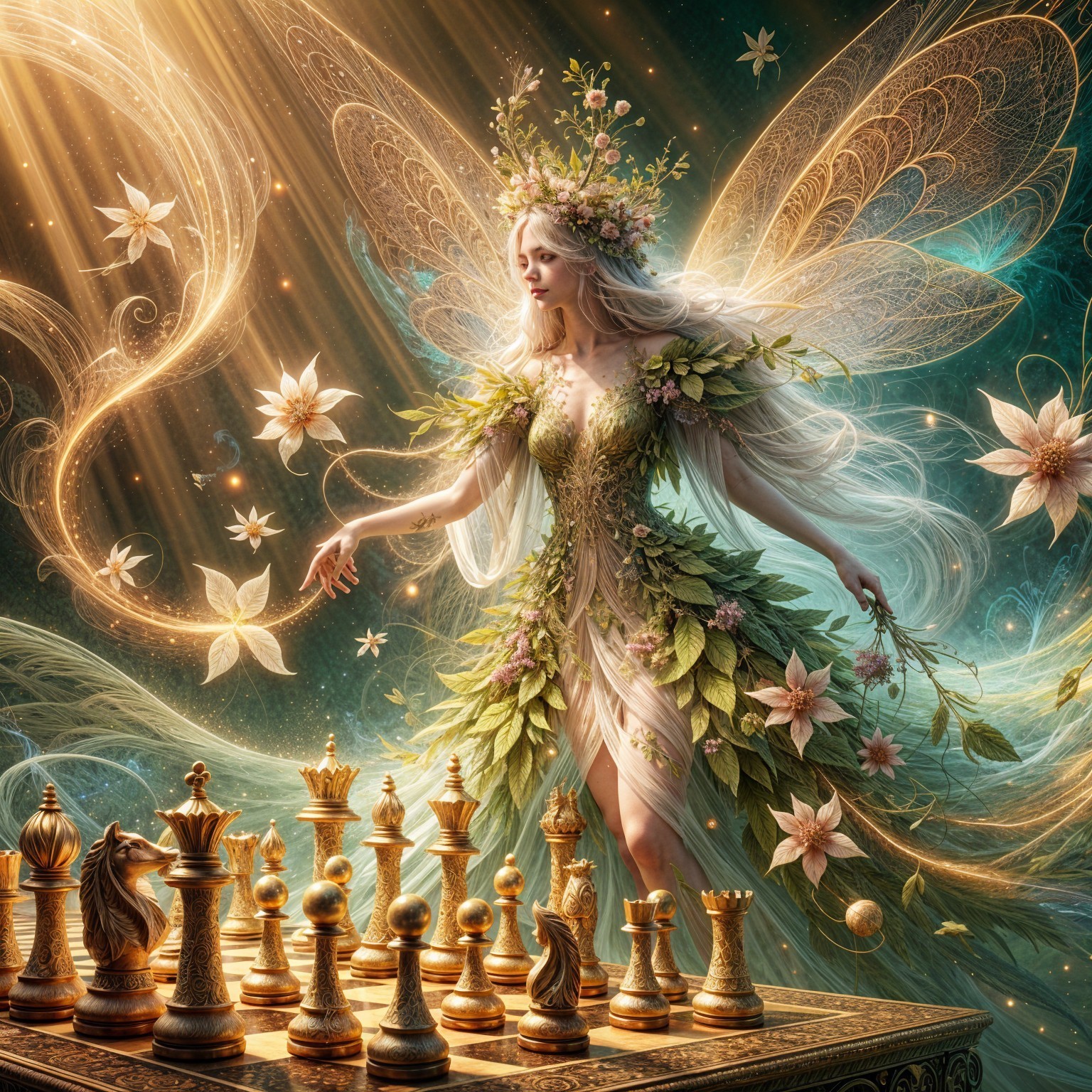 Mystical Fairy with Nature-Inspired Chessboard Scene
