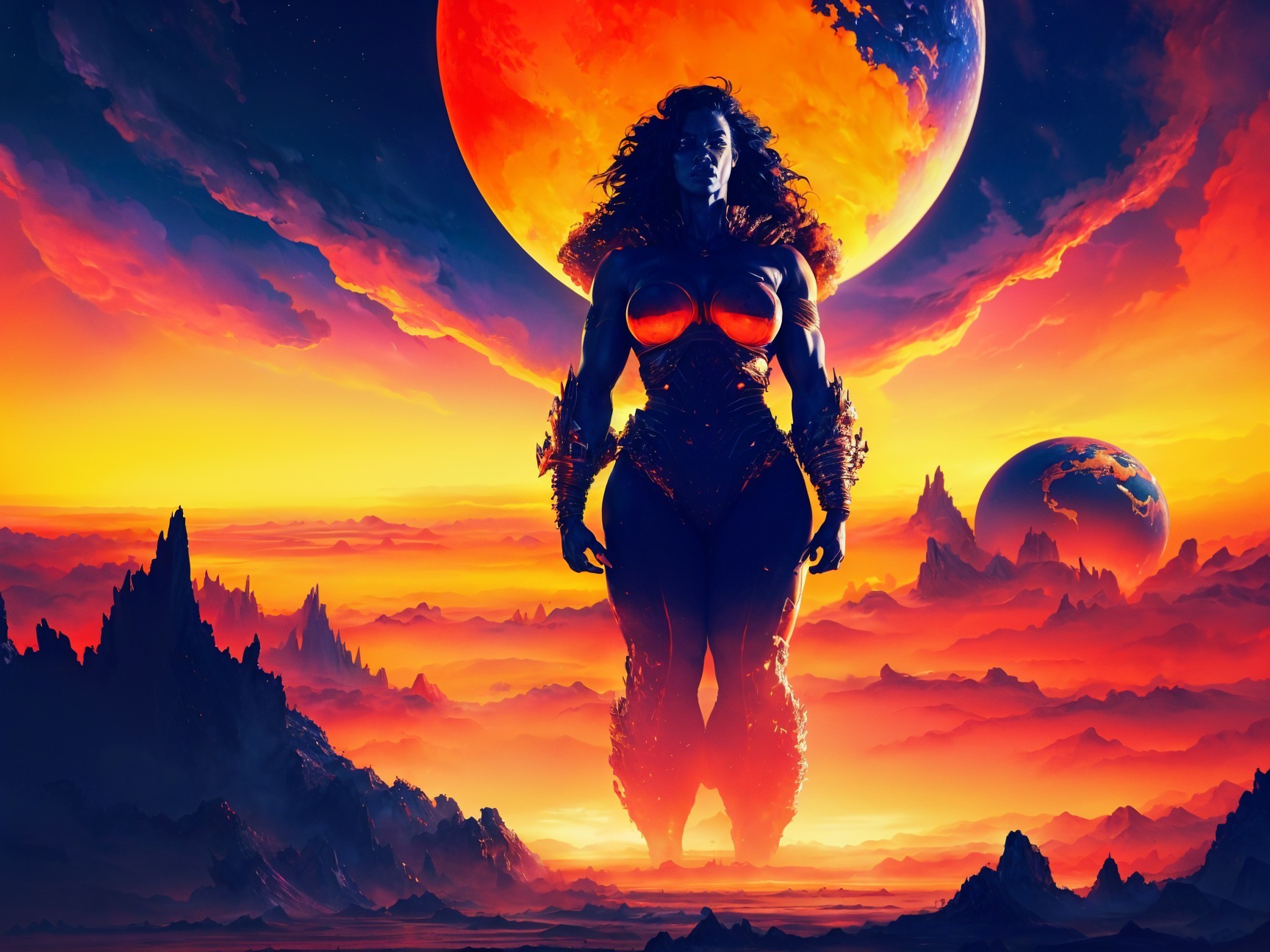 Muscular Female Figure Against Cosmic Backdrop