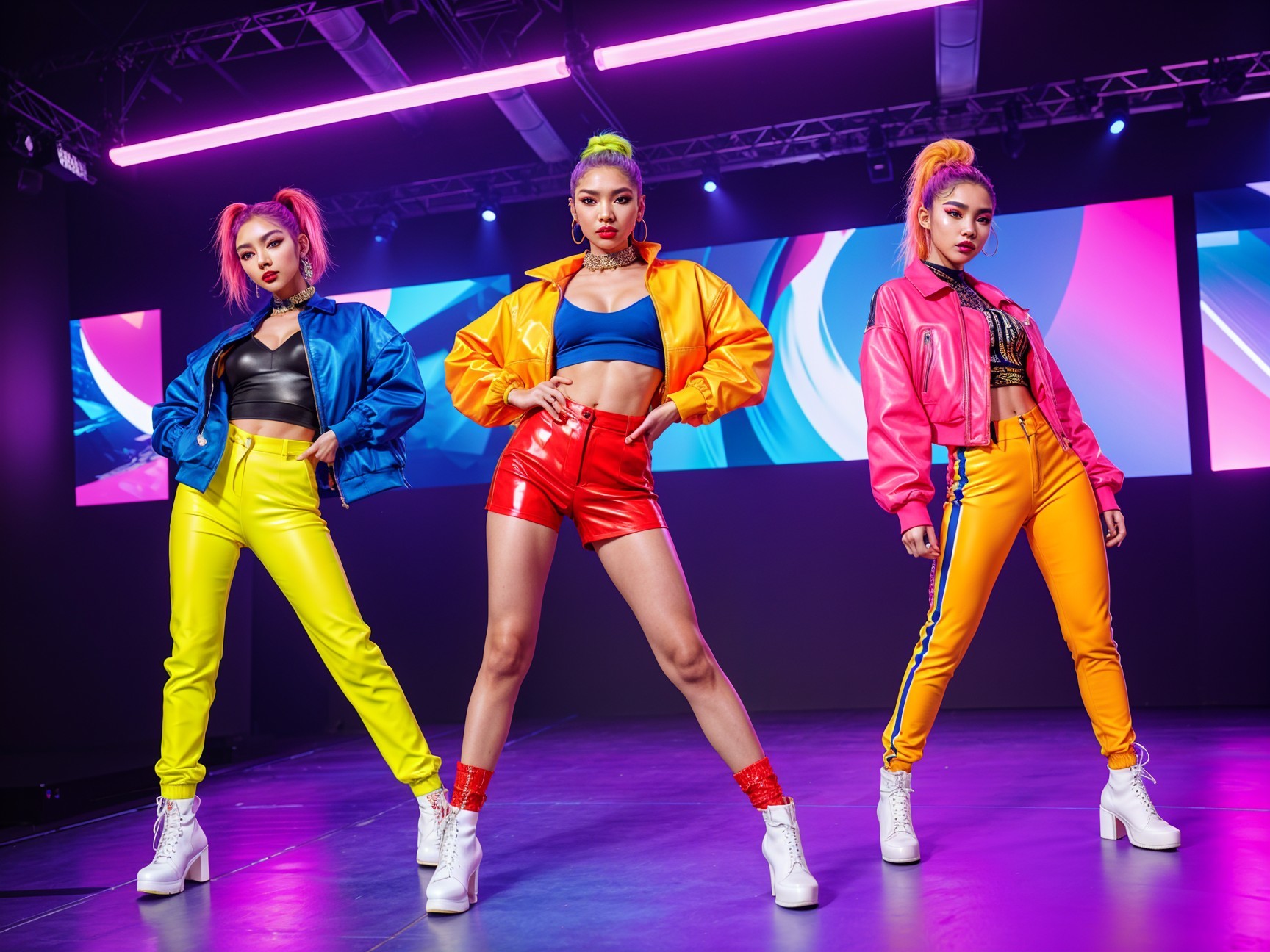 Three Dancers in Vibrant Neon Stage Outfits