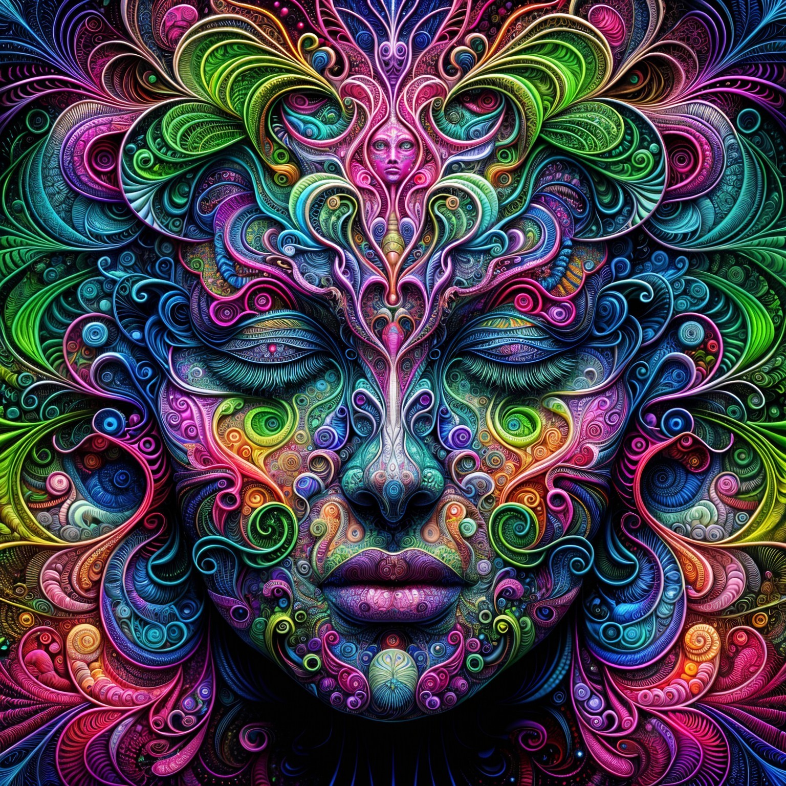 Intricate Face Design with Vibrant Swirling Patterns