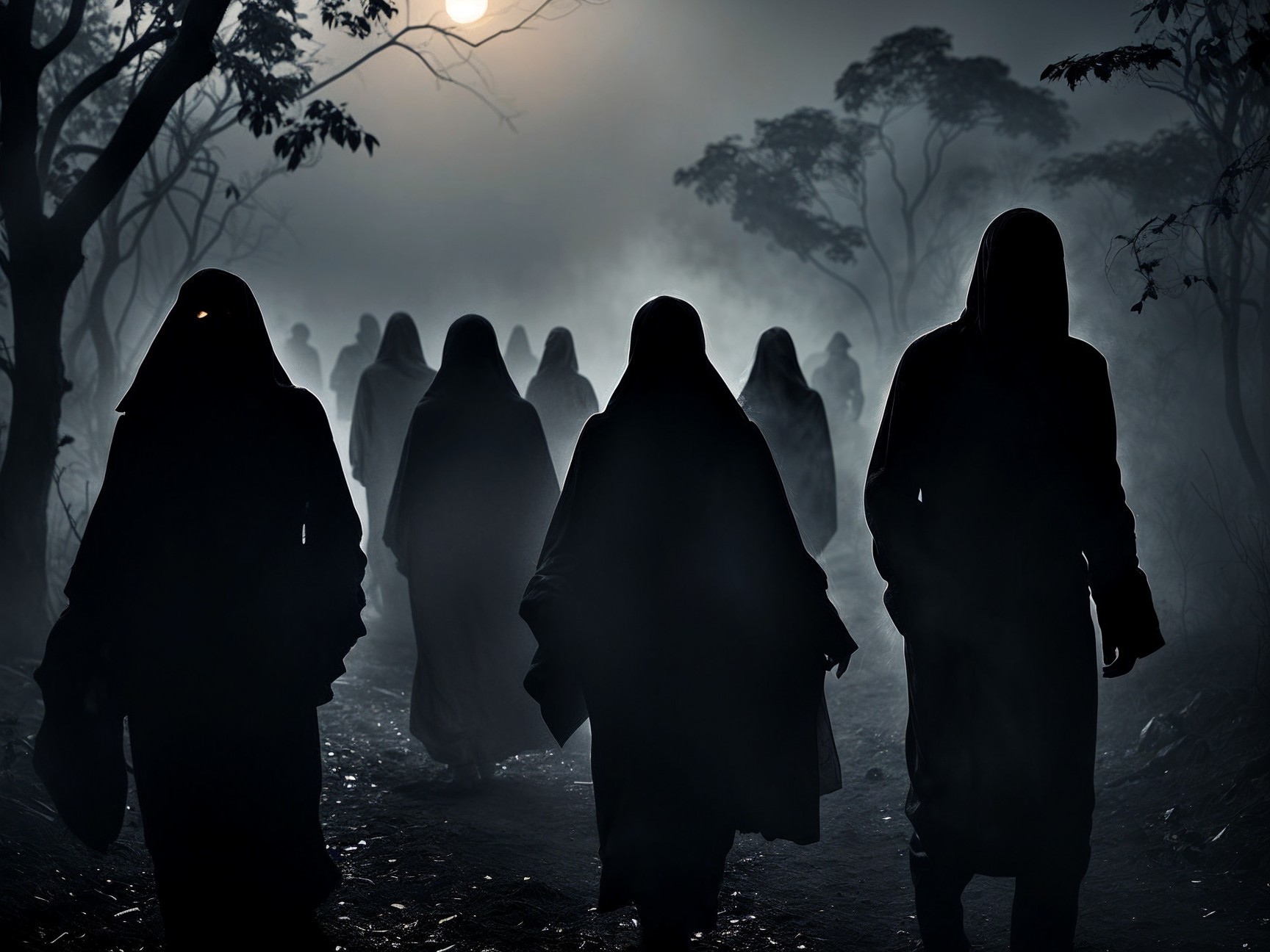 Cloaked Figures in a Misty, Eerie Landscape