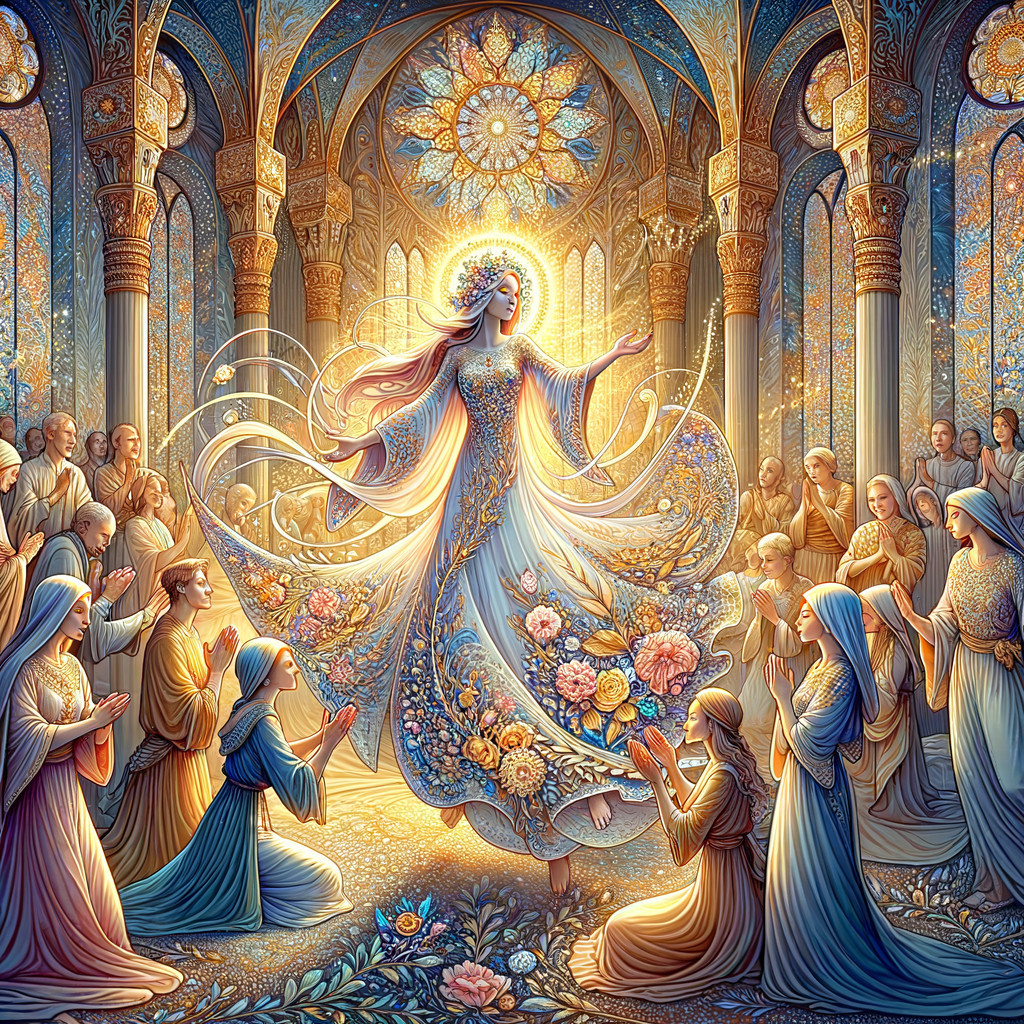 Radiant figure in embroidered gown in ornate sunlit space
