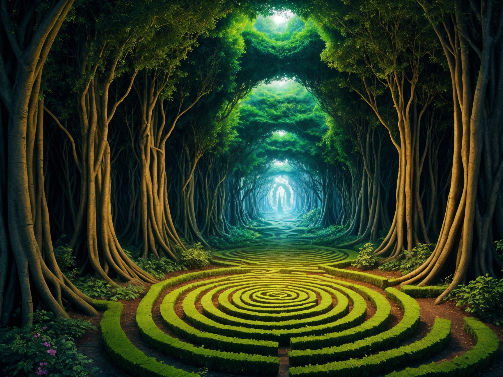 Forest Pathway with Towering Trees and Lush Canopy