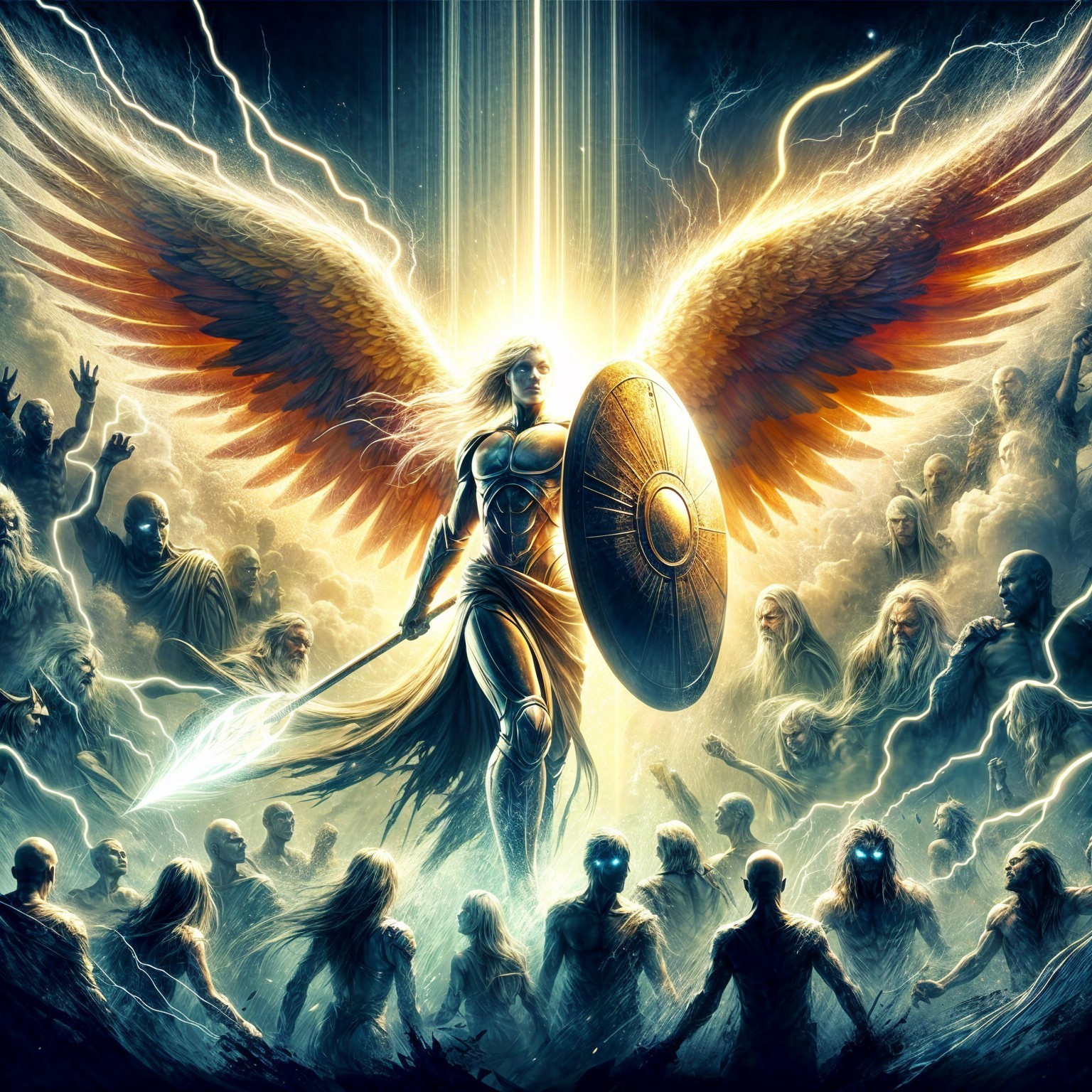 Majestic angel with luminous wings and shadowy figures