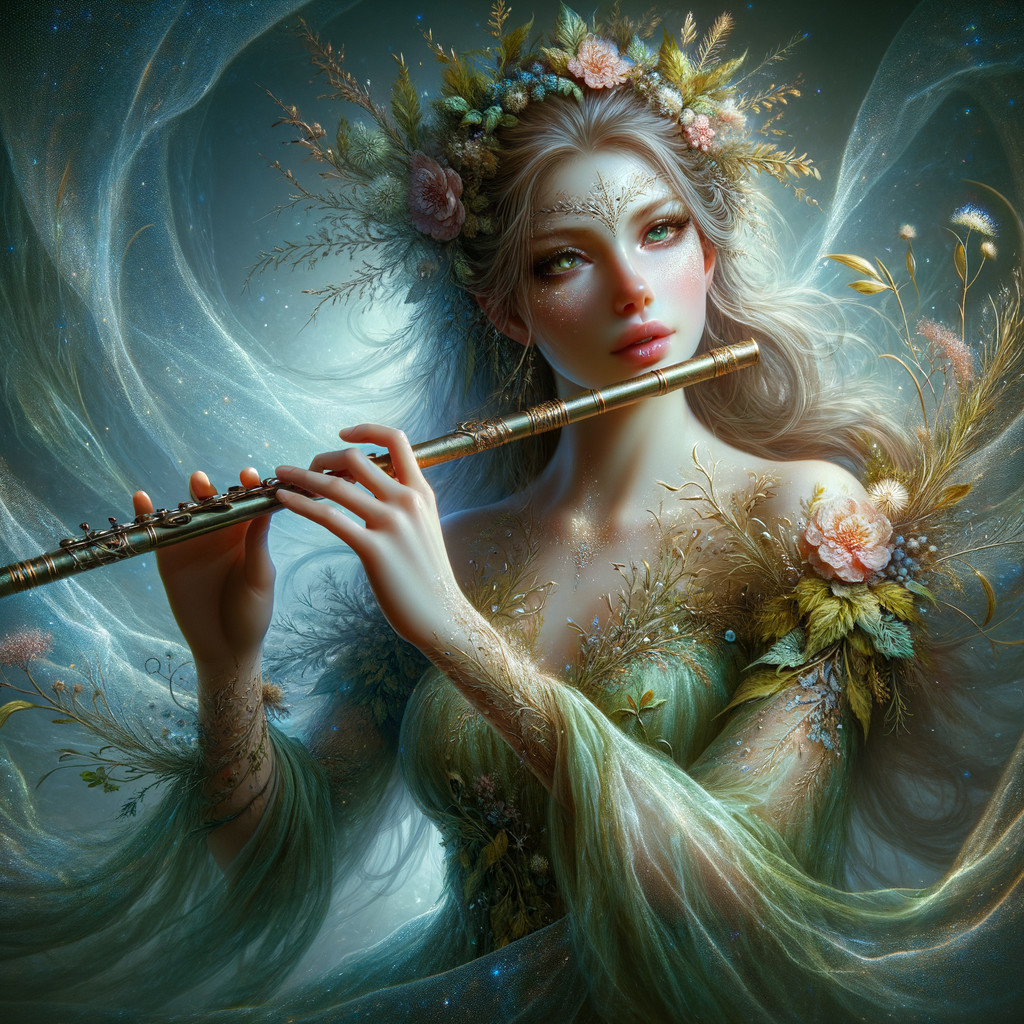 Mystical Woman with Flute Surrounded by Ethereal Light