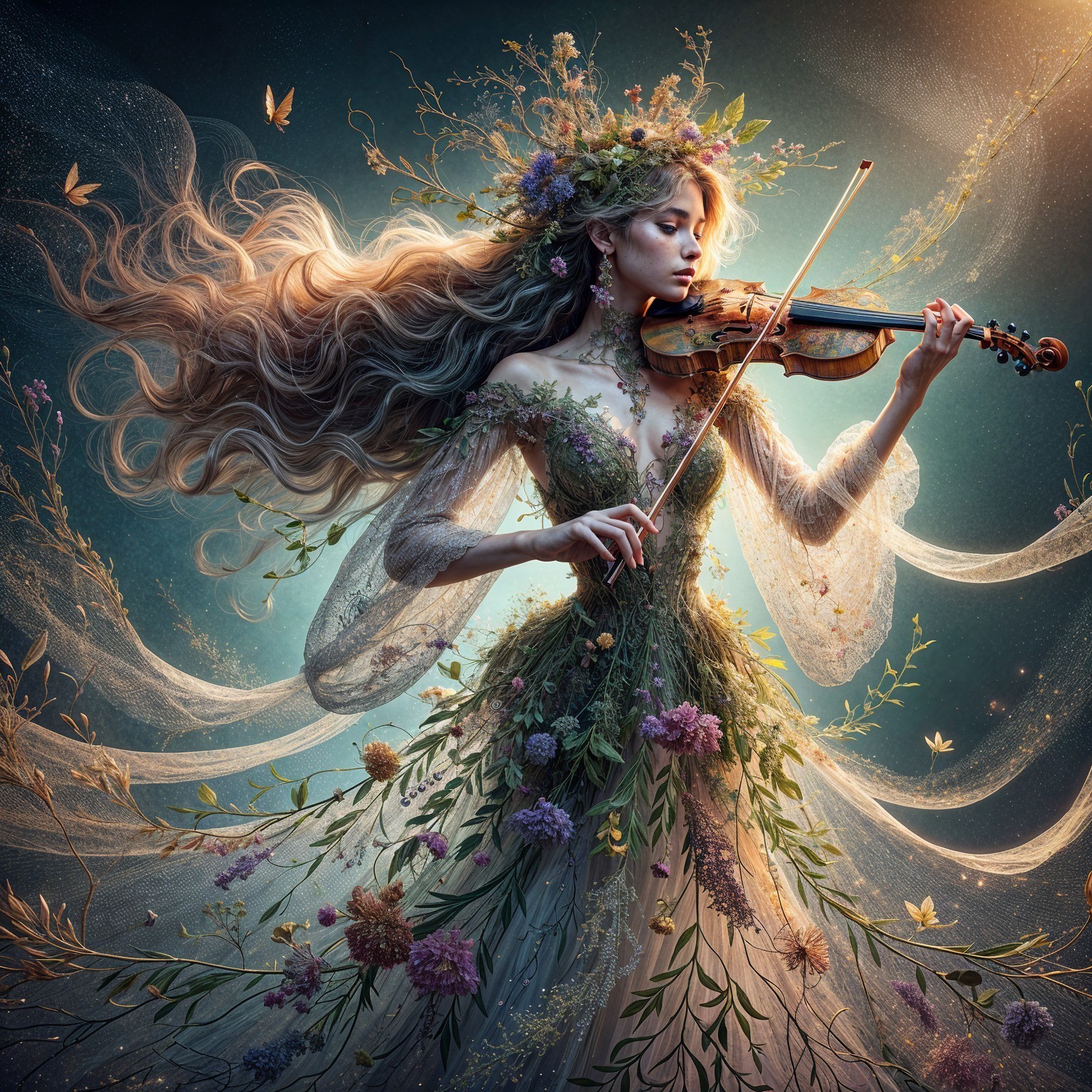 Ethereal Violinist in Floral Gown Amid Nature