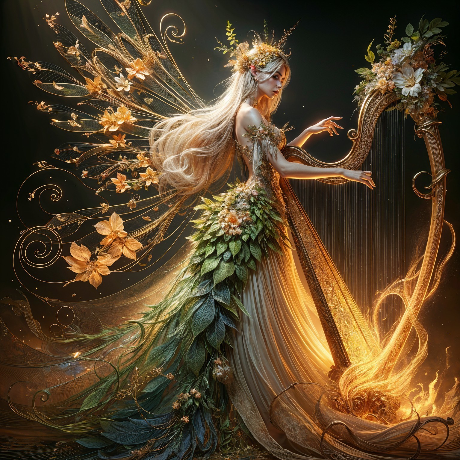 Mystical Figure in Leafy Gown Playing Harp