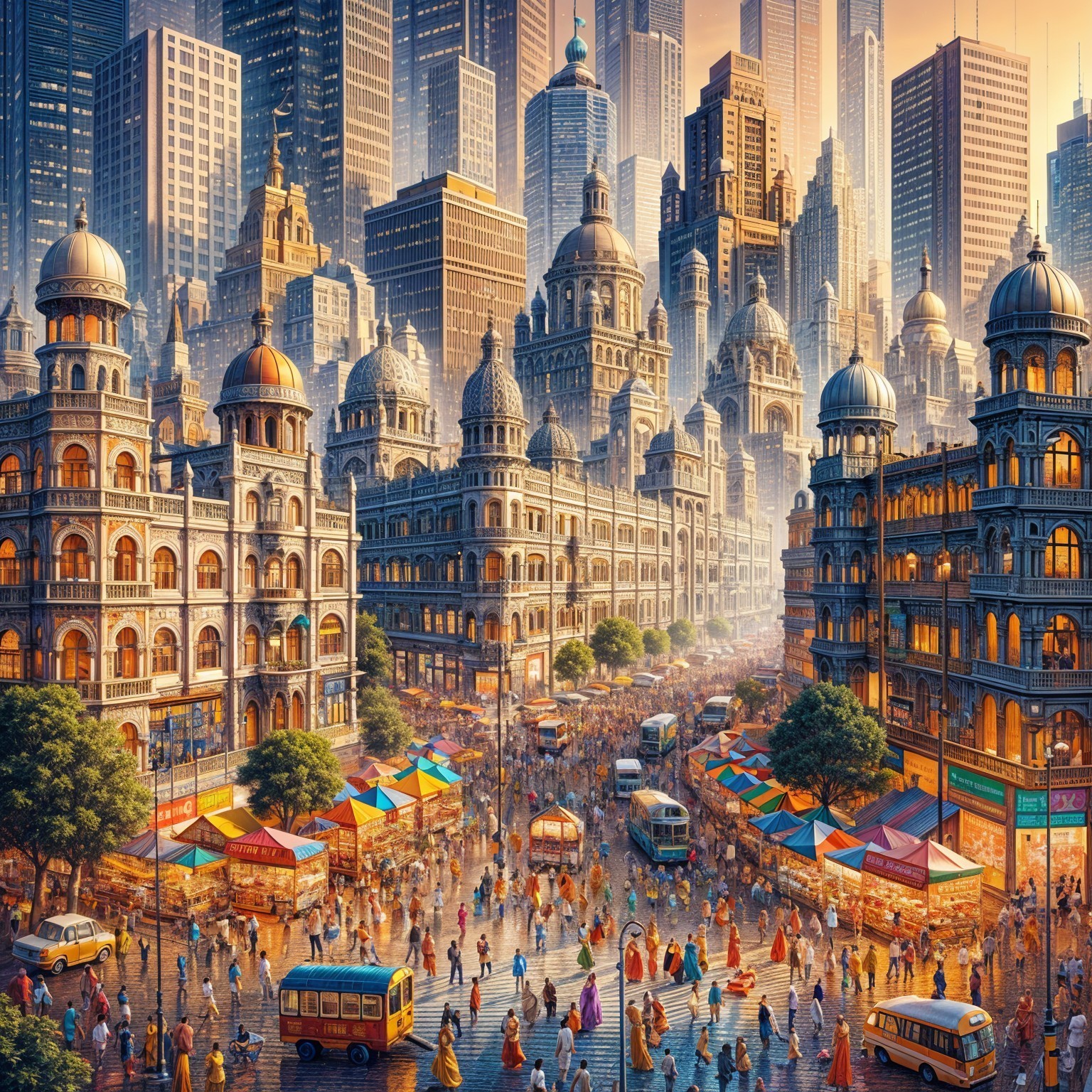 Vibrant Urban Marketplace with Historical Architecture