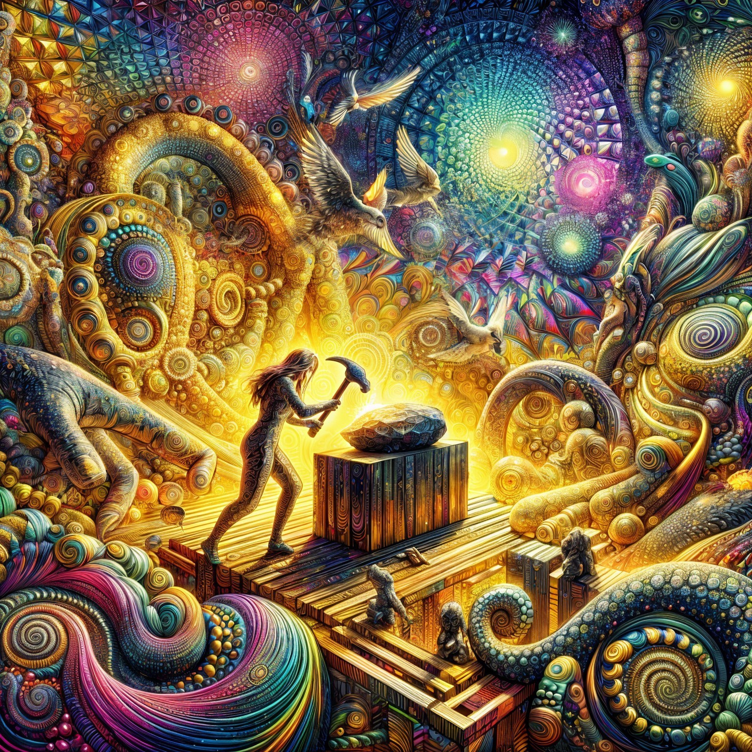 Surreal Scene with Crystal and Colorful Patterns