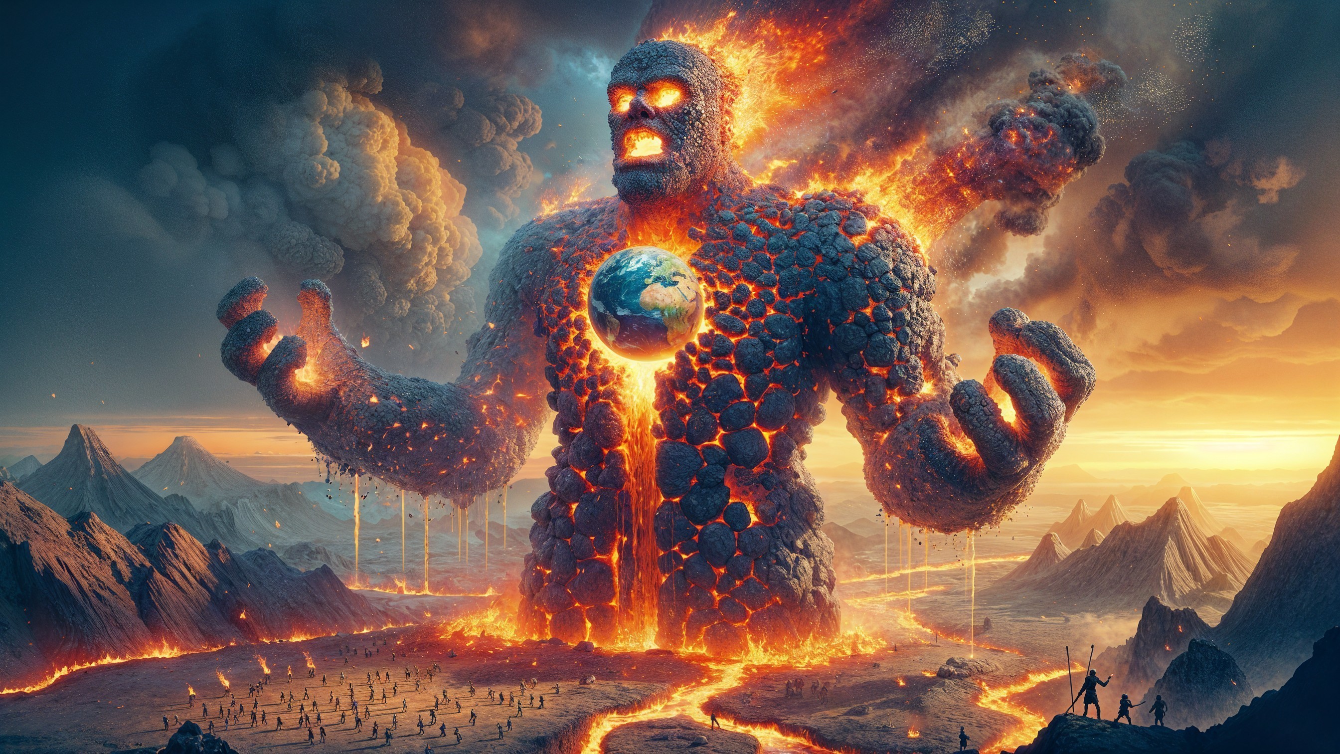 Colossal Fiery Figure in Dramatic Landscape Scene