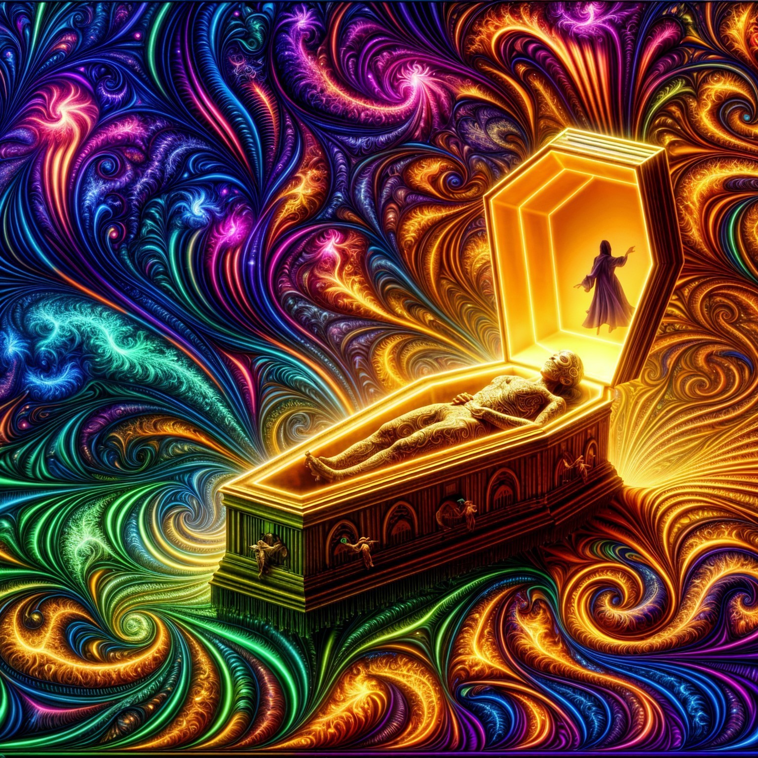 Surreal Scene with Golden Coffin and Colorful Patterns