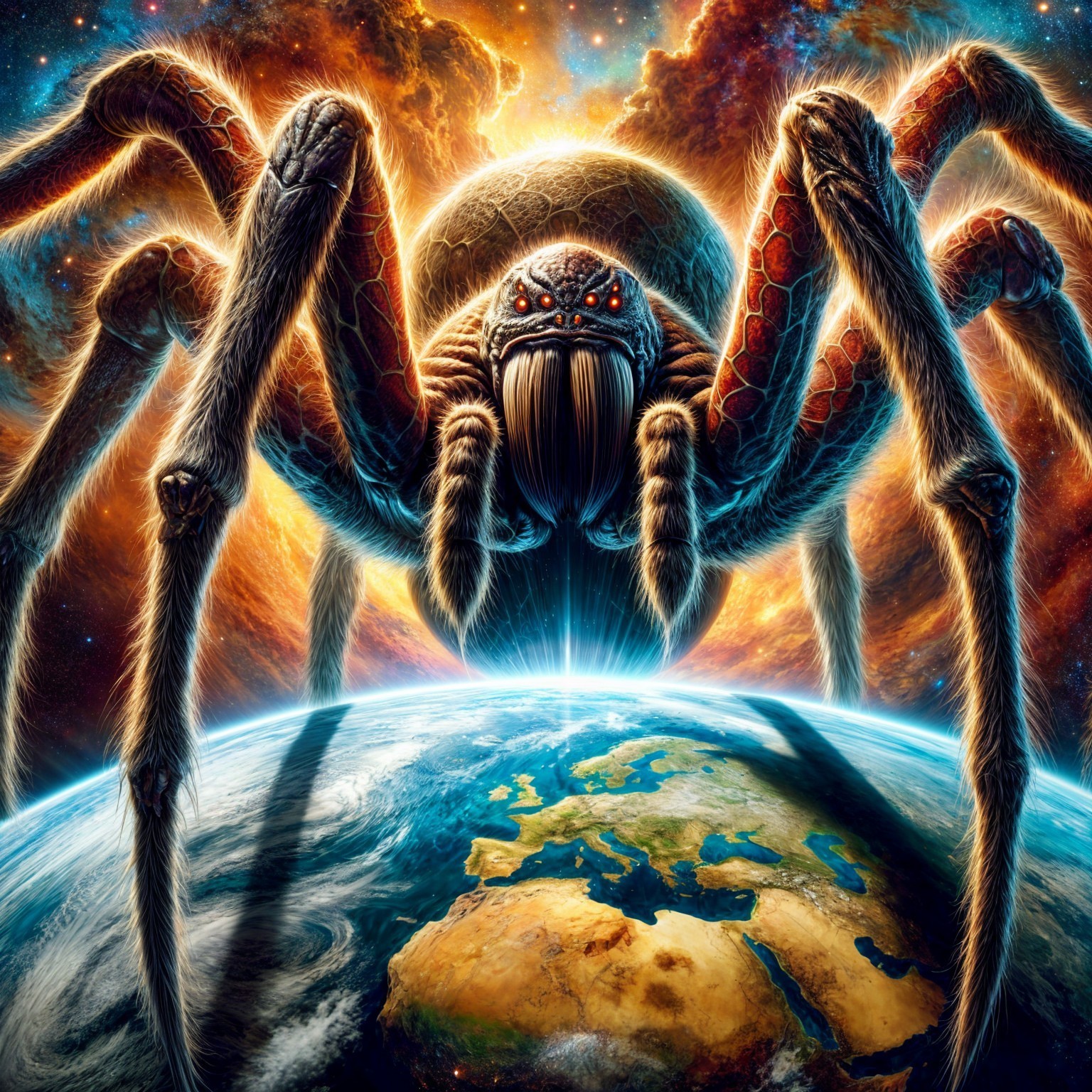 Colossal Spider Over Earth Amid Cosmic Backdrop