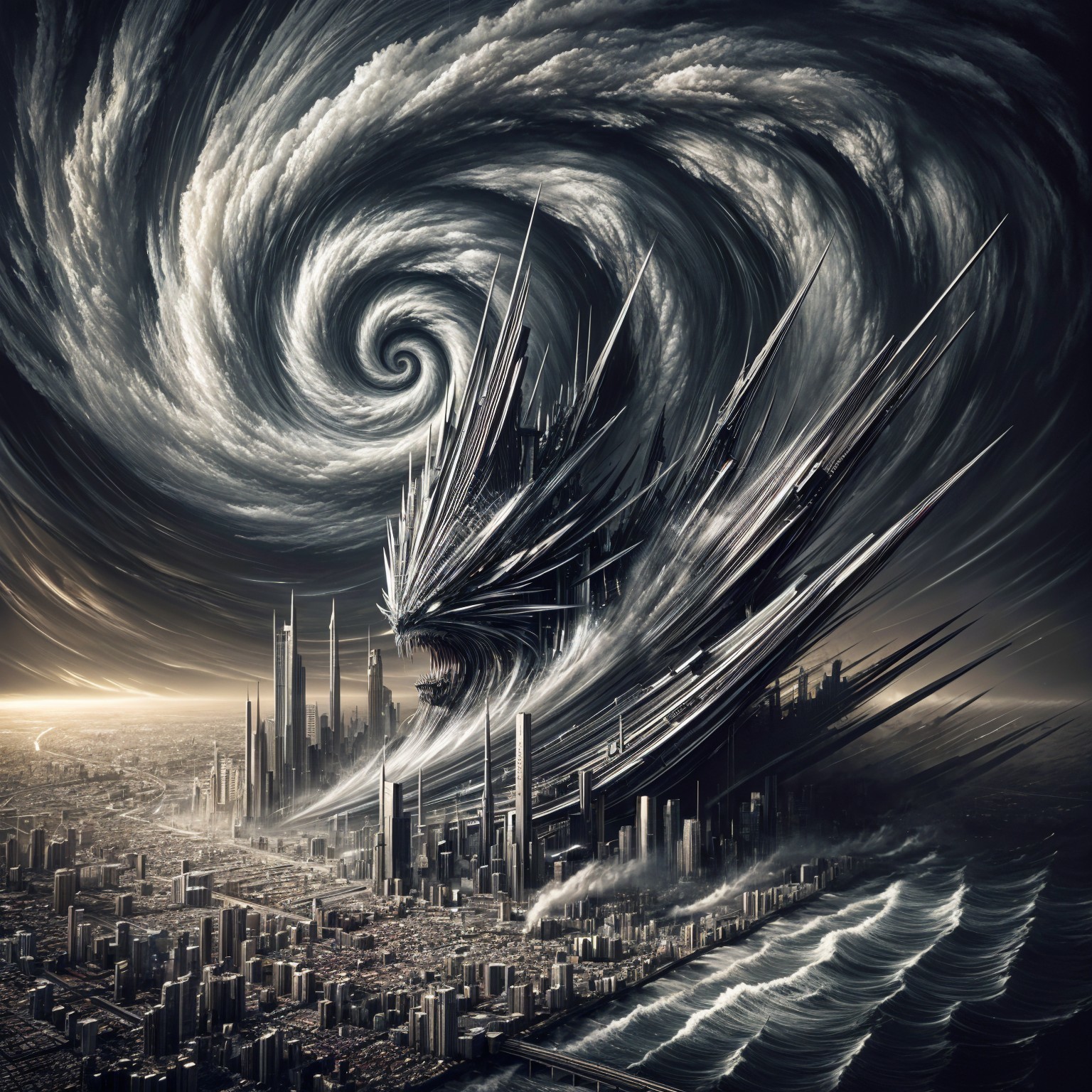 Surreal Landscape with Vortex and Urban Cityscape
