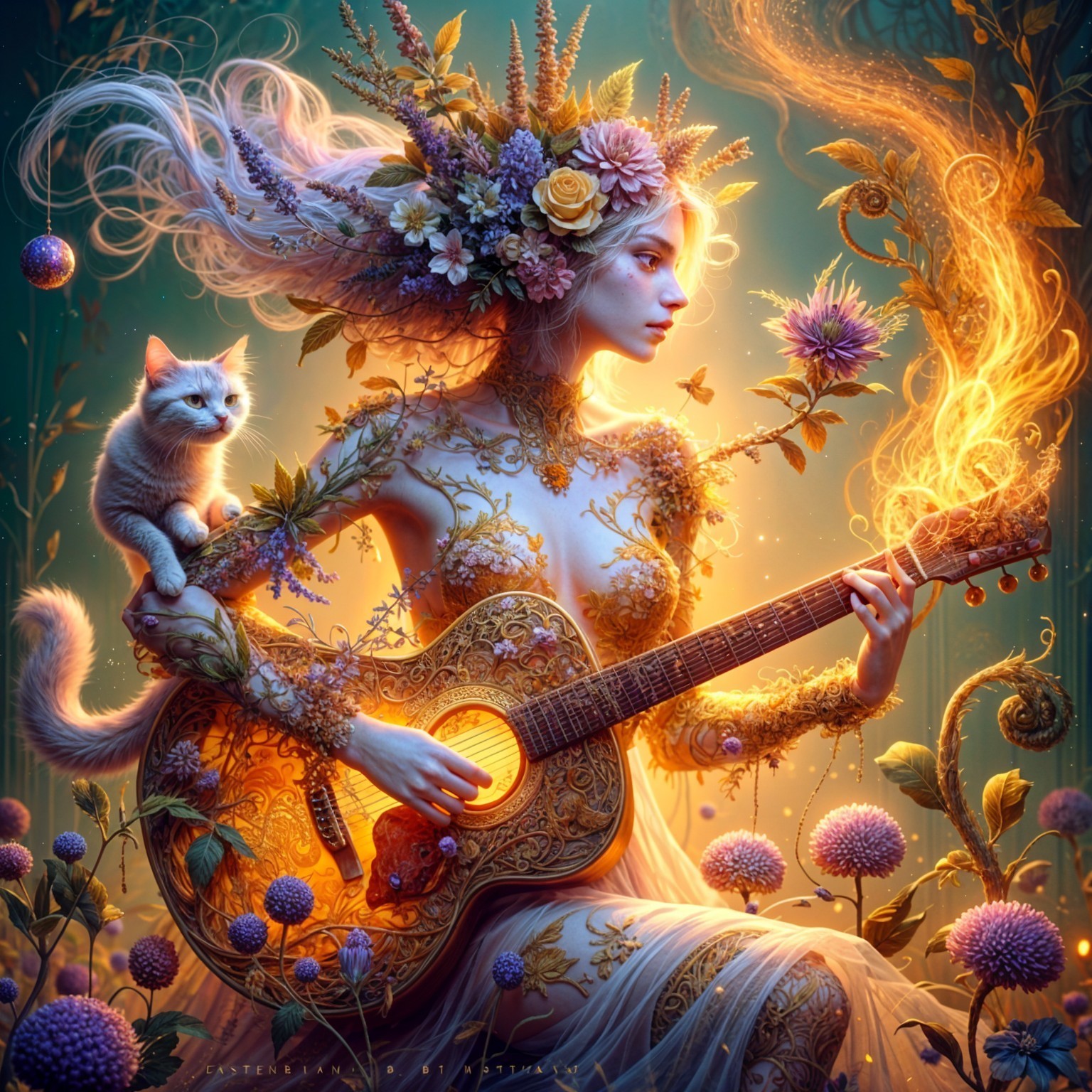 Serene figure with guitar in floral, glowing setting