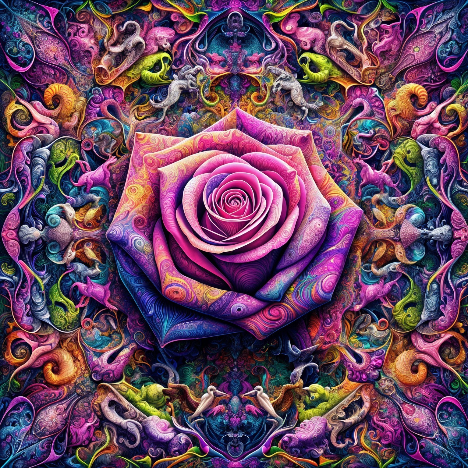 Vibrant Rose Surrounded by Abstract Color Patterns
