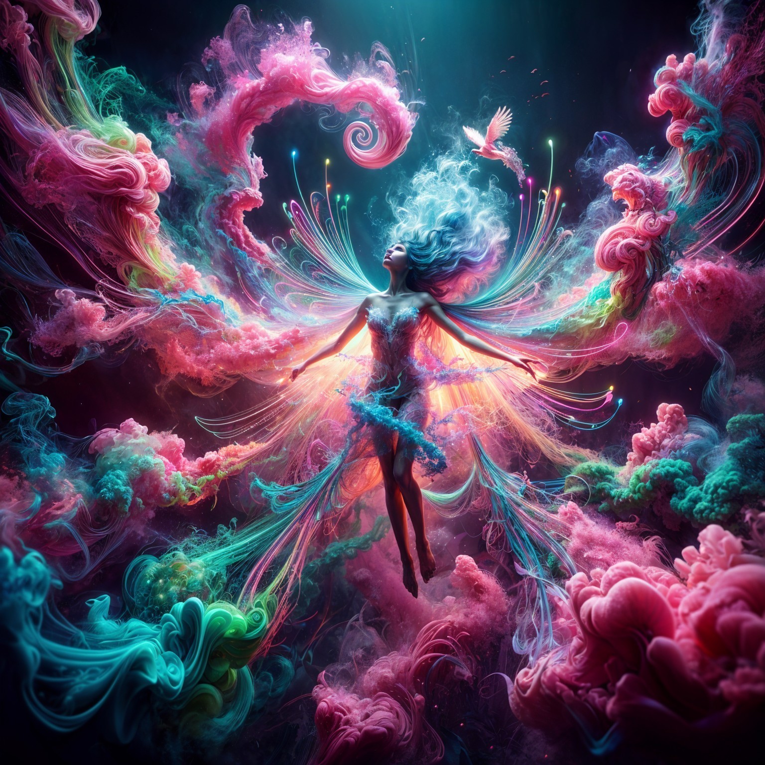 Ethereal Woman Amidst Colorful Clouds and Smoke