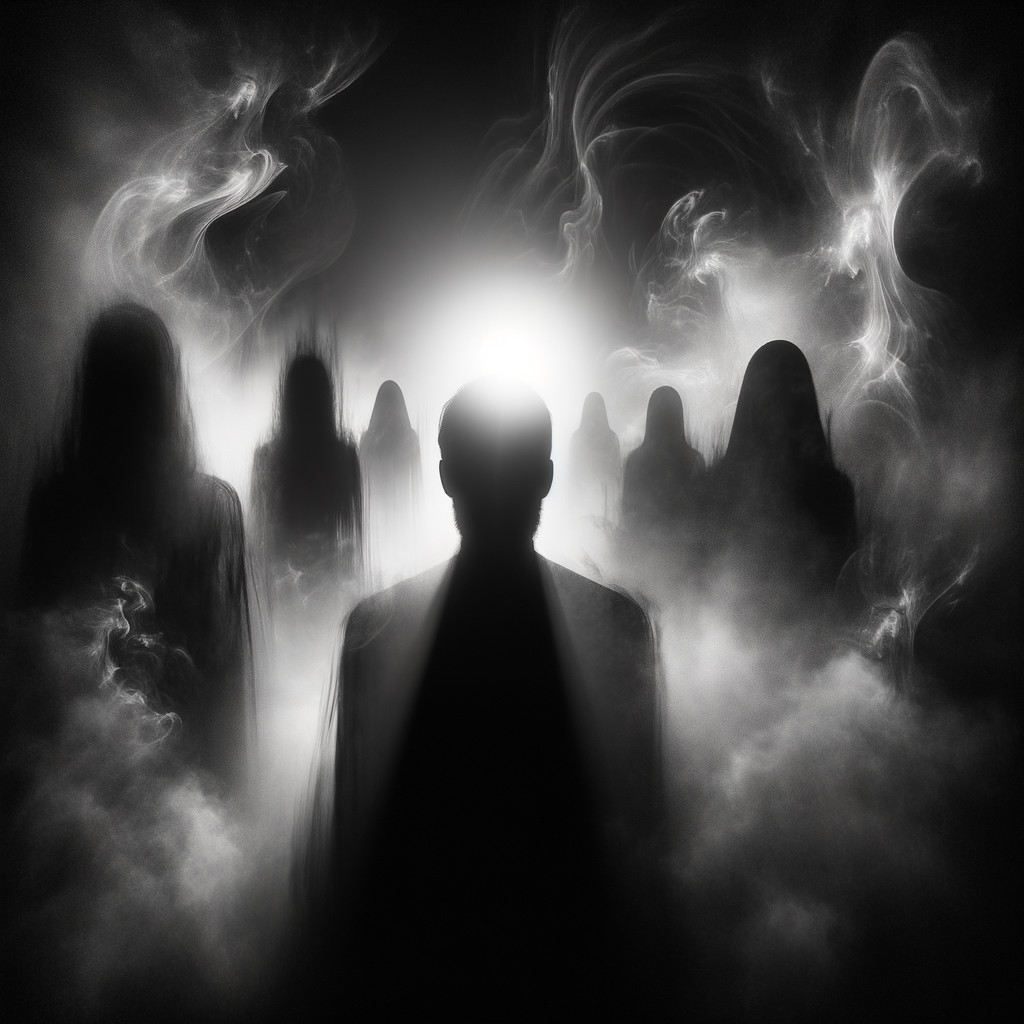 Surreal Smoky Landscape with Solitary Figure and Shadows