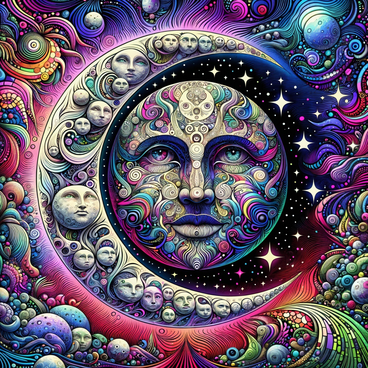 Vibrant Cosmic Scene with Ethereal Faces and Colors