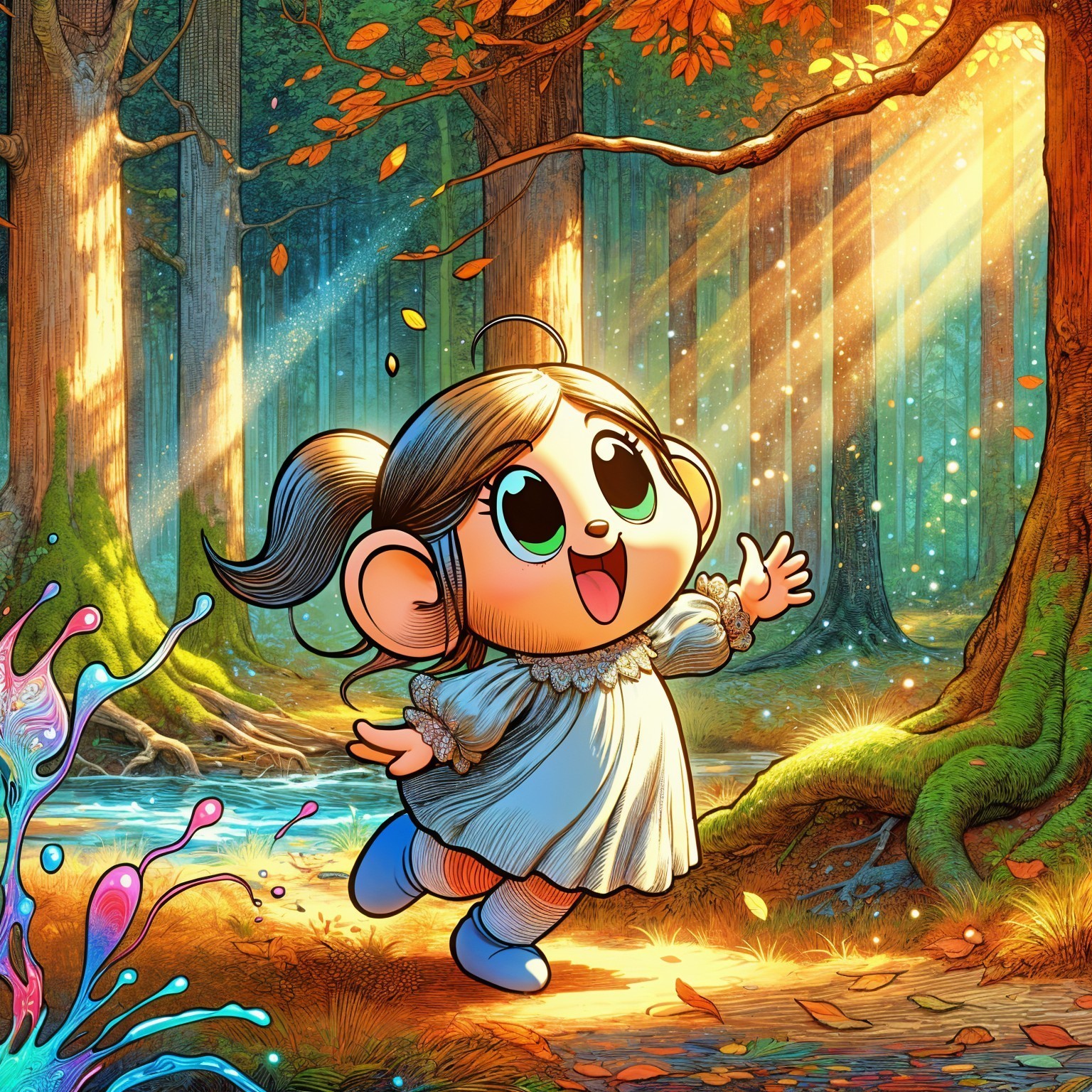 Joyful Cartoon Girl in Colorful Autumn Forest