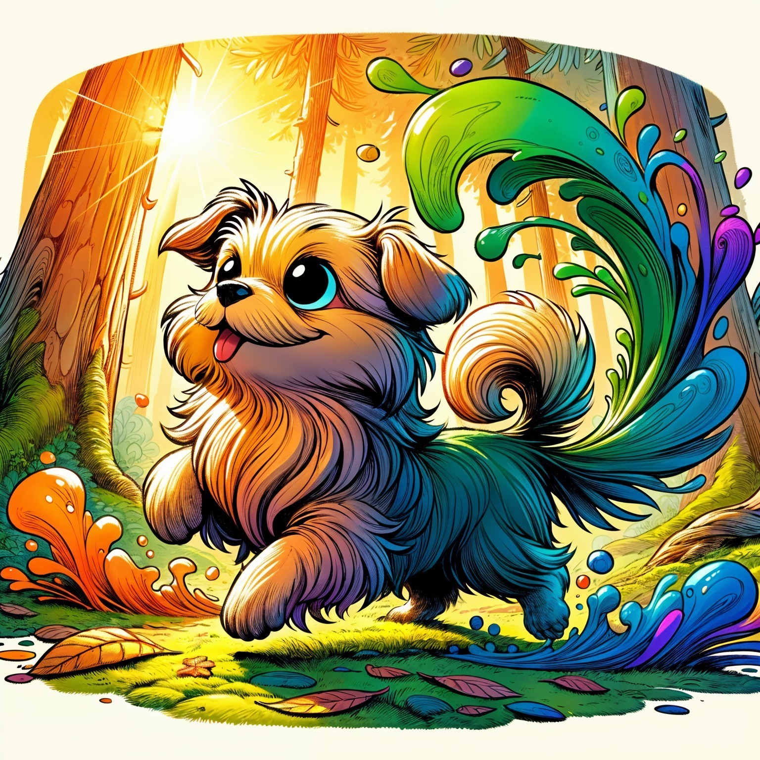 Vibrant Cartoon Illustration of a Playful Dog in Forest