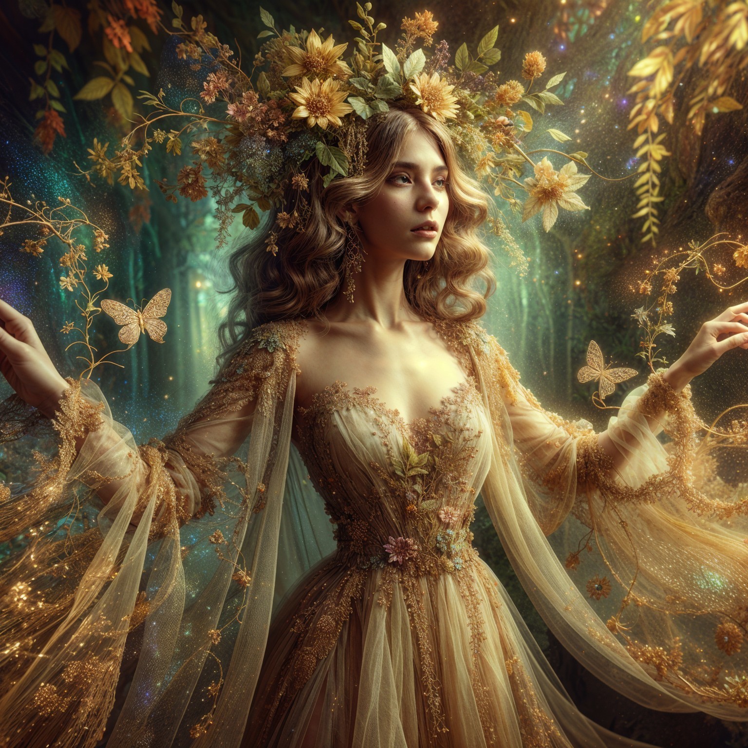 Mystical Figure in Enchanted Forest with Butterflies