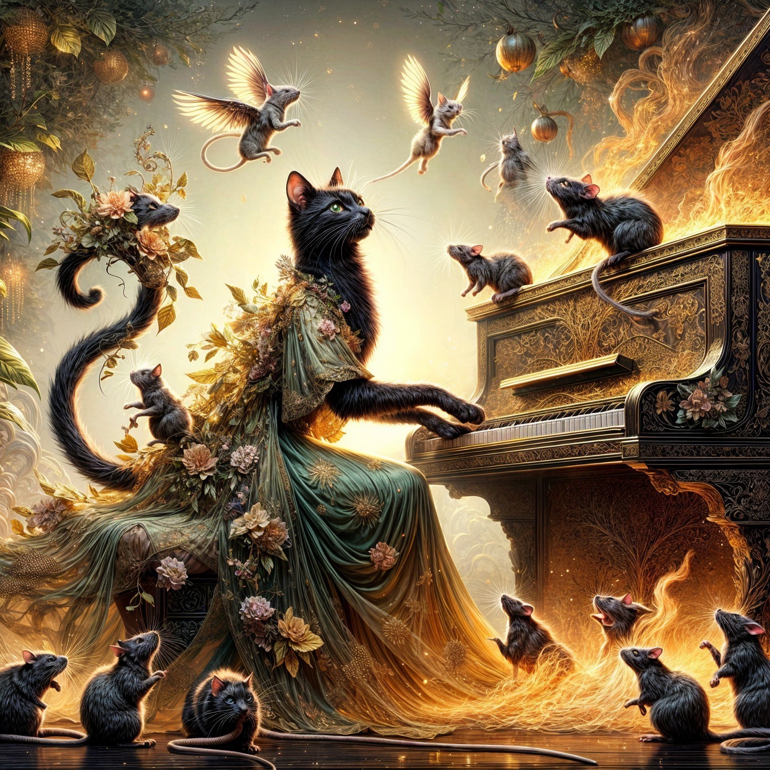 Majestic Black Cat Playing Piano Surrounded by Dancing Mice