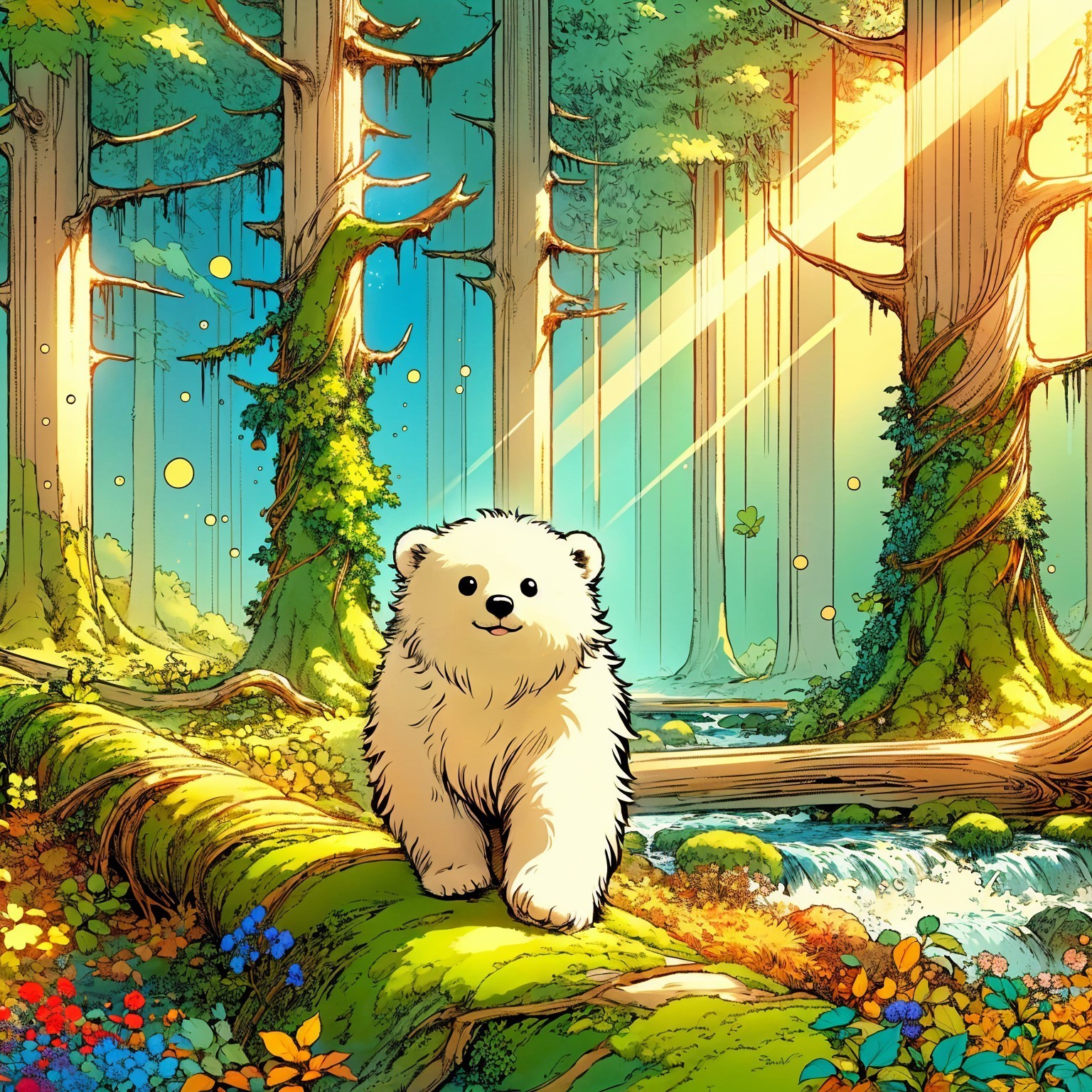 Fluffy Polar Bear Cub in a Vibrant Forest Setting