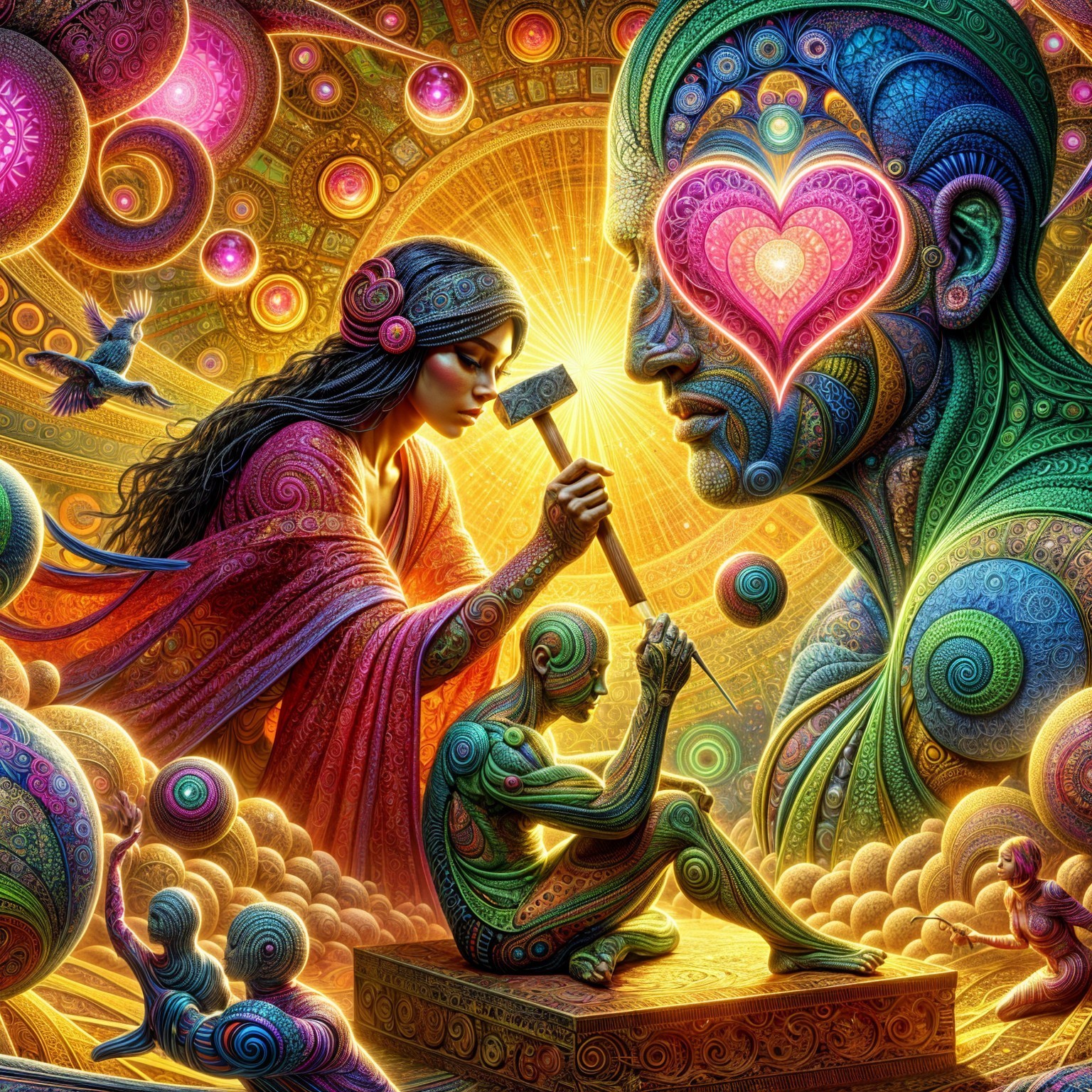 Surreal Scene of Woman Hammering Colorful Sculpture