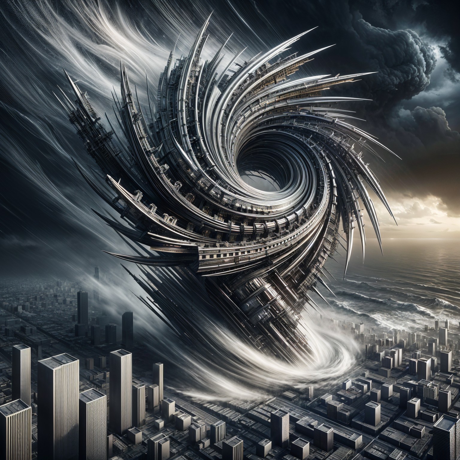 Futuristic Cityscape with Massive Swirling Structure