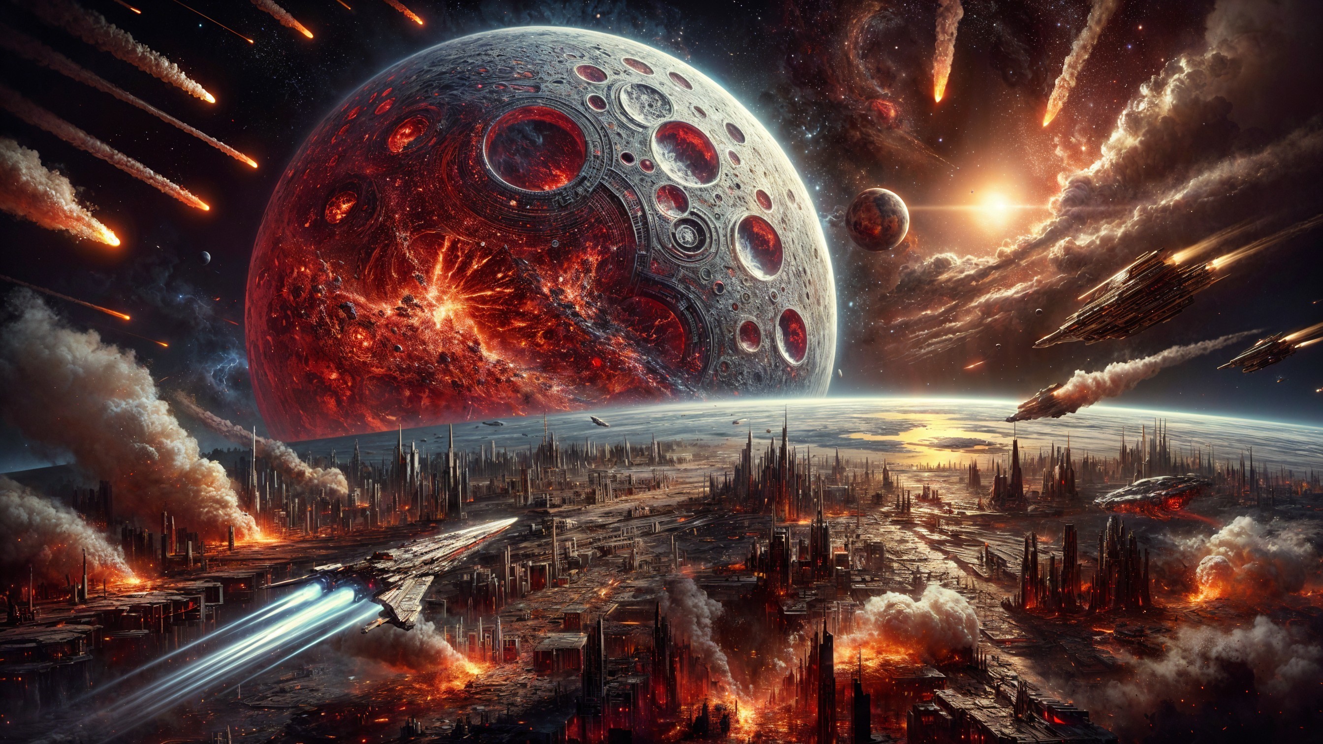 Cosmic Scene with Planet and Futuristic City Chaos