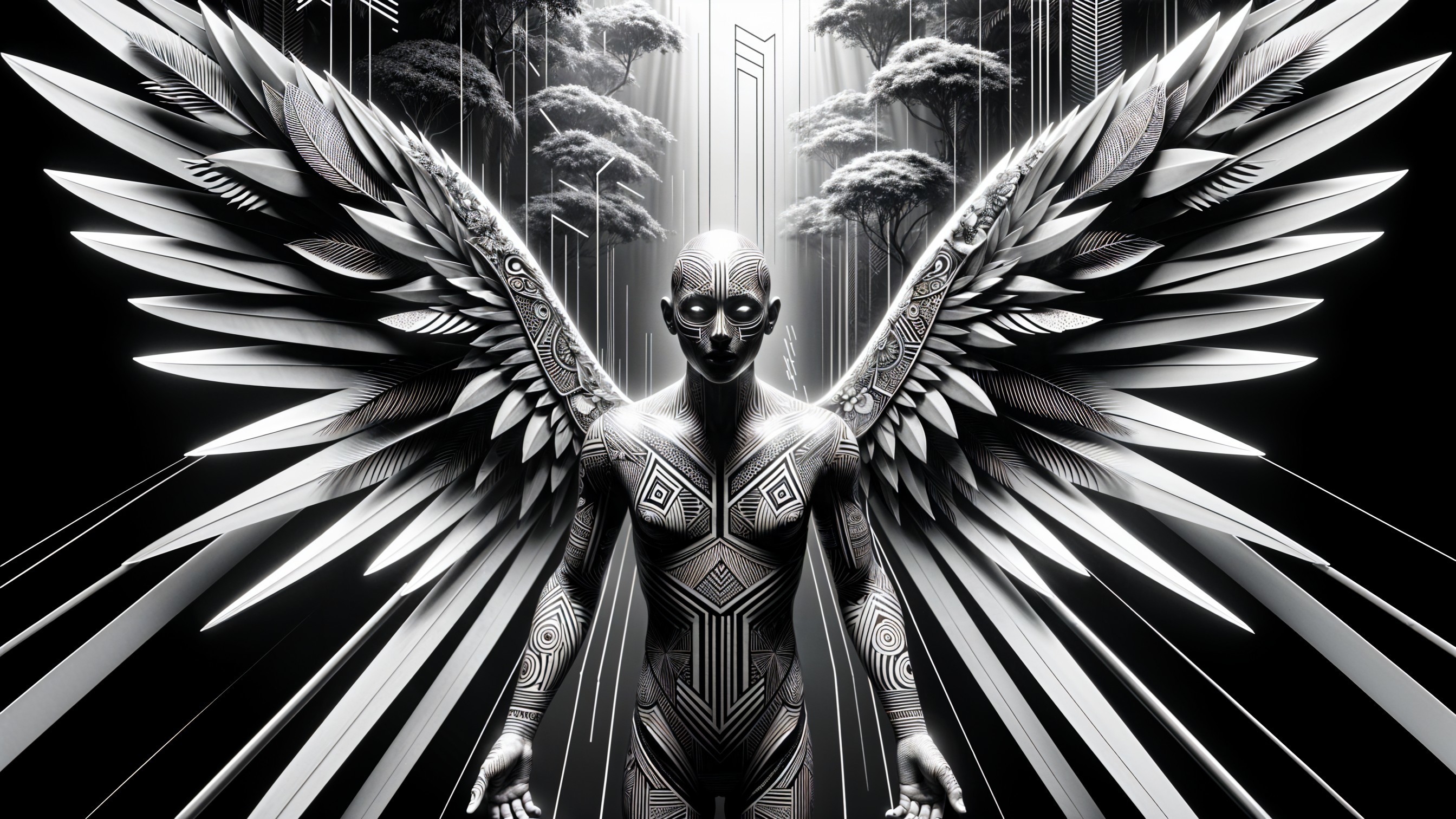 Futuristic figure with wings in surreal landscape