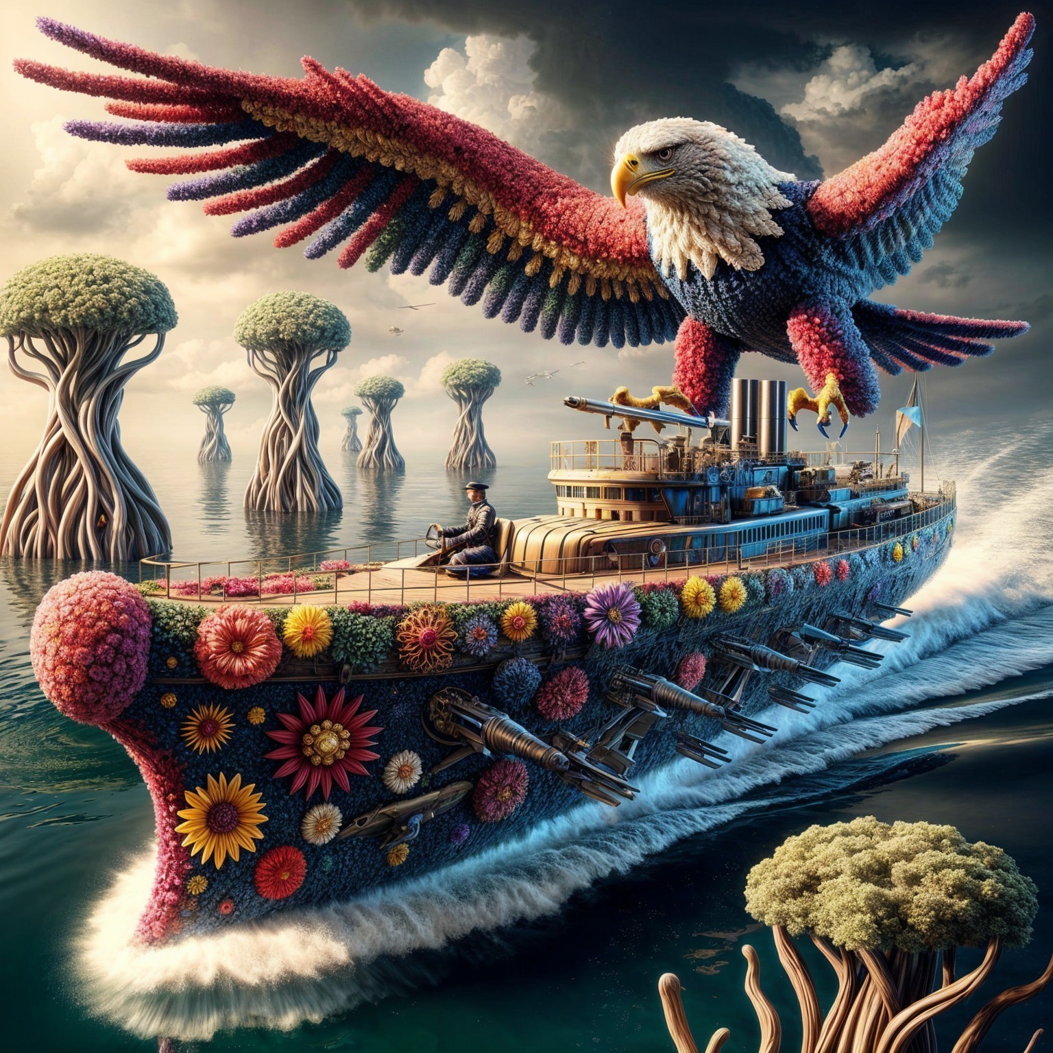 Fantastical Ship and Floral Eagle in Dreamlike Landscape