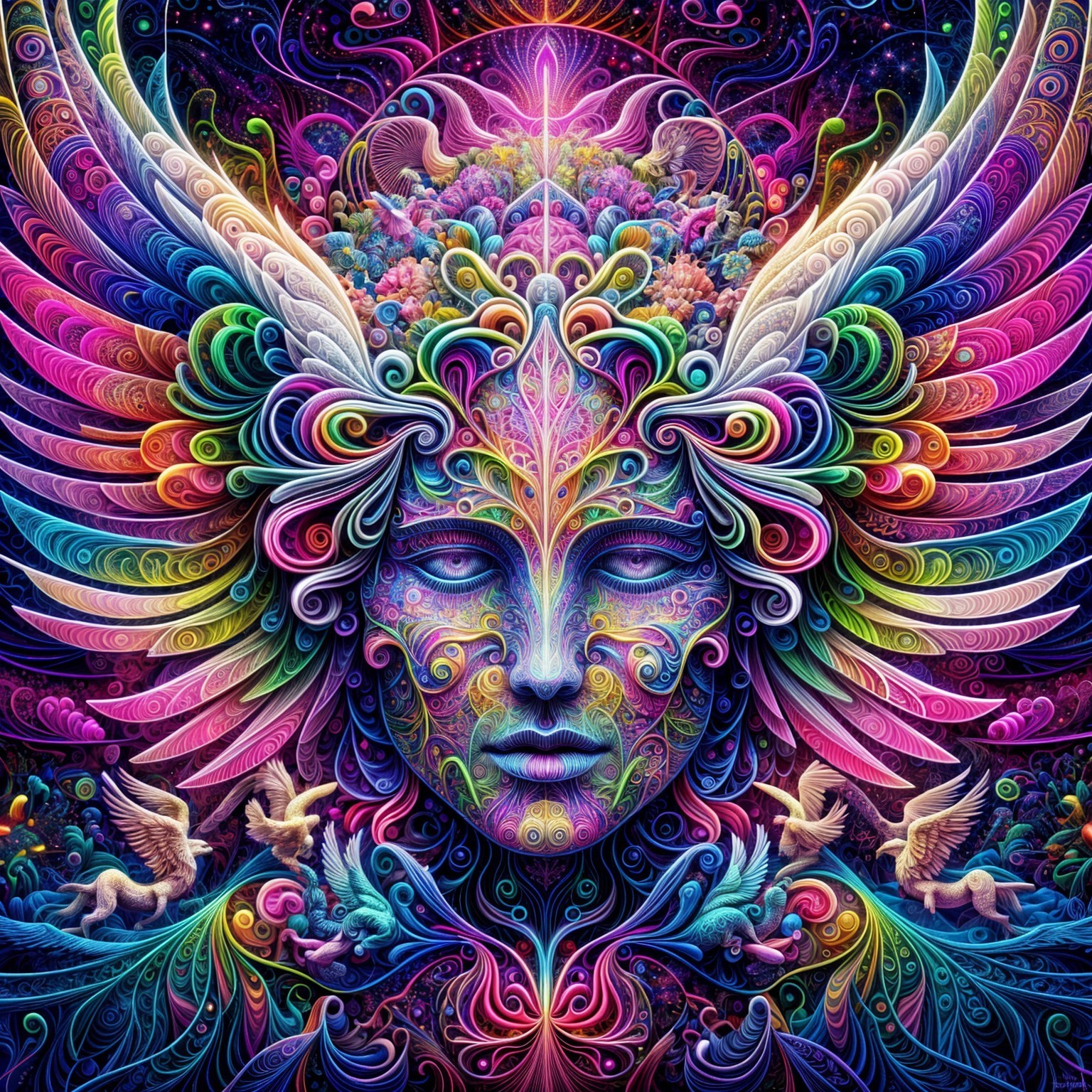 Colorful Face with Patterns and Ethereal Wings
