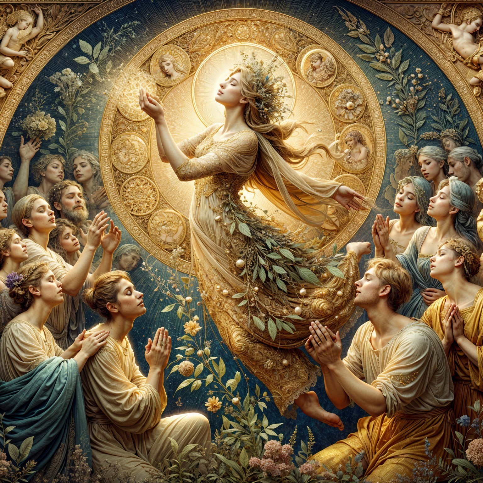 Serene Scene with Radiant Figure and Worshipful Figures