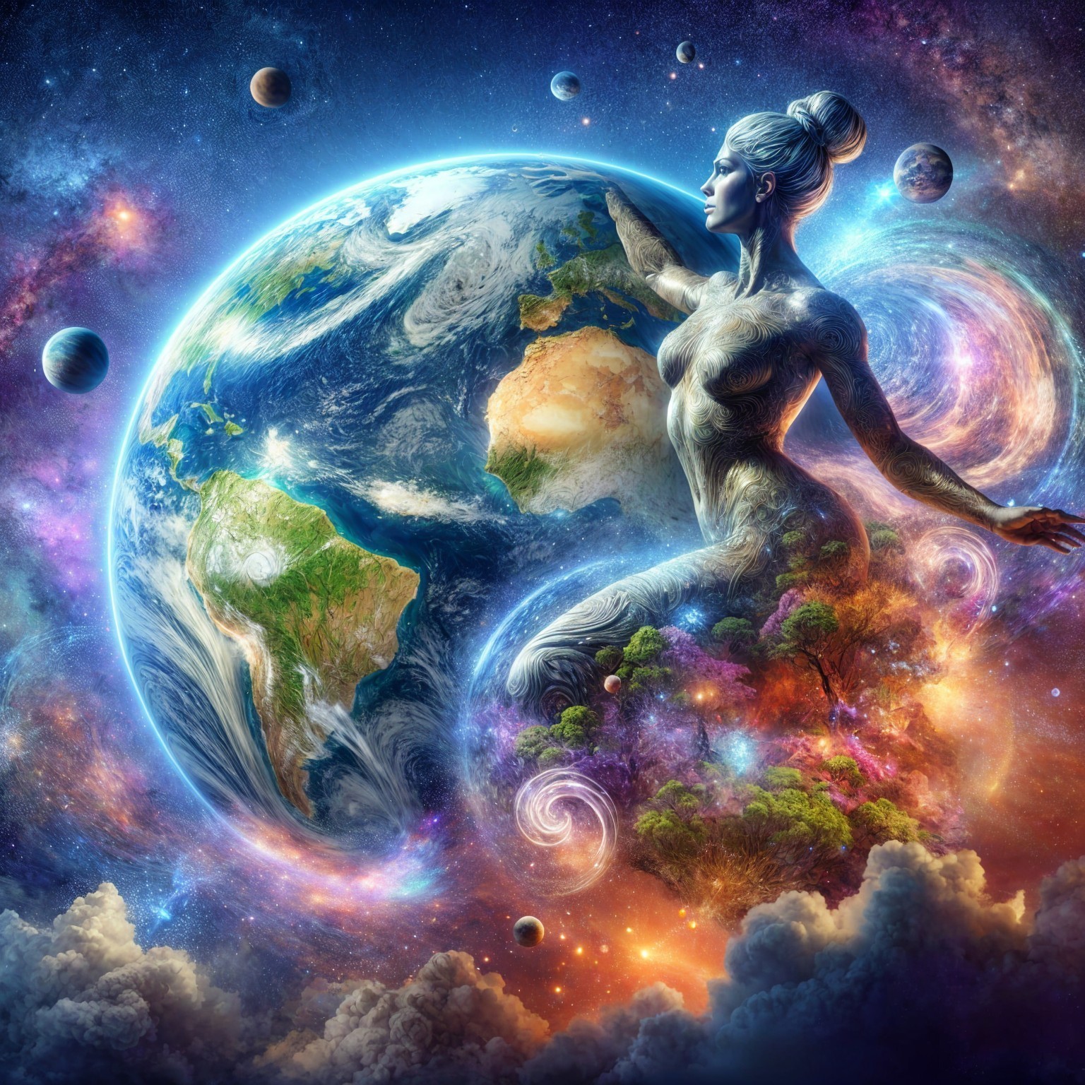 Celestial Figure Cradling Earth in Cosmic Landscape