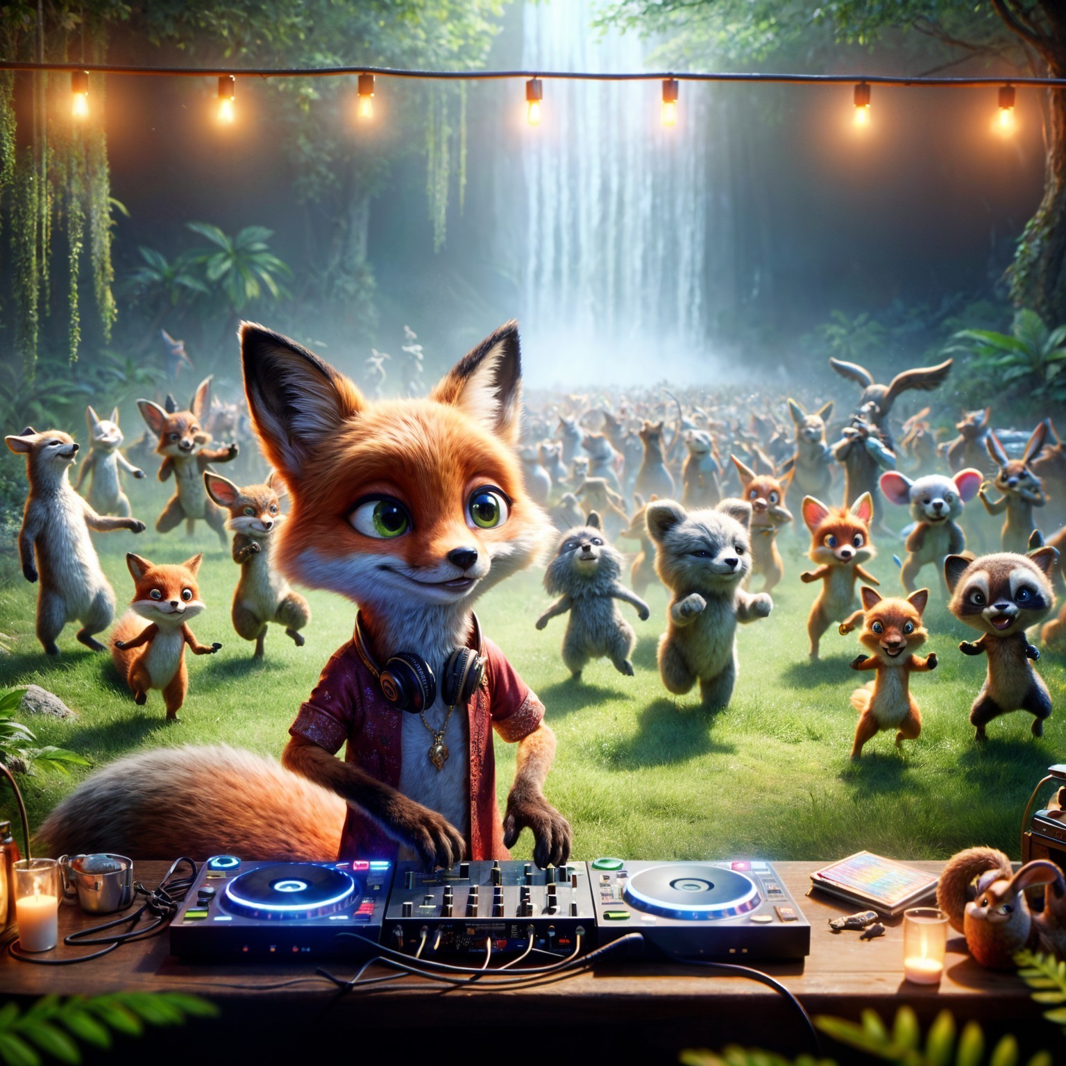 Fox DJ in a Lush Forest with Dancing Animals
