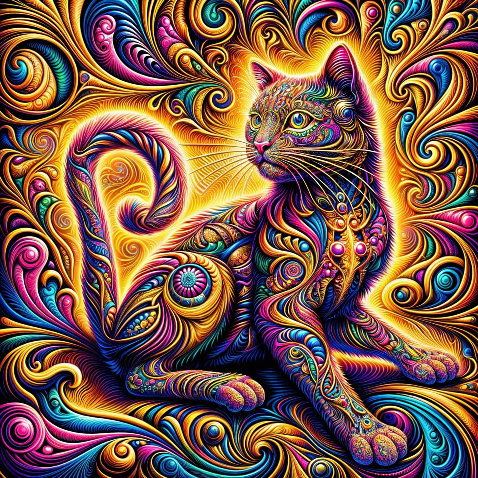 Vibrant Cat Illustration with Colorful Patterns and Halo