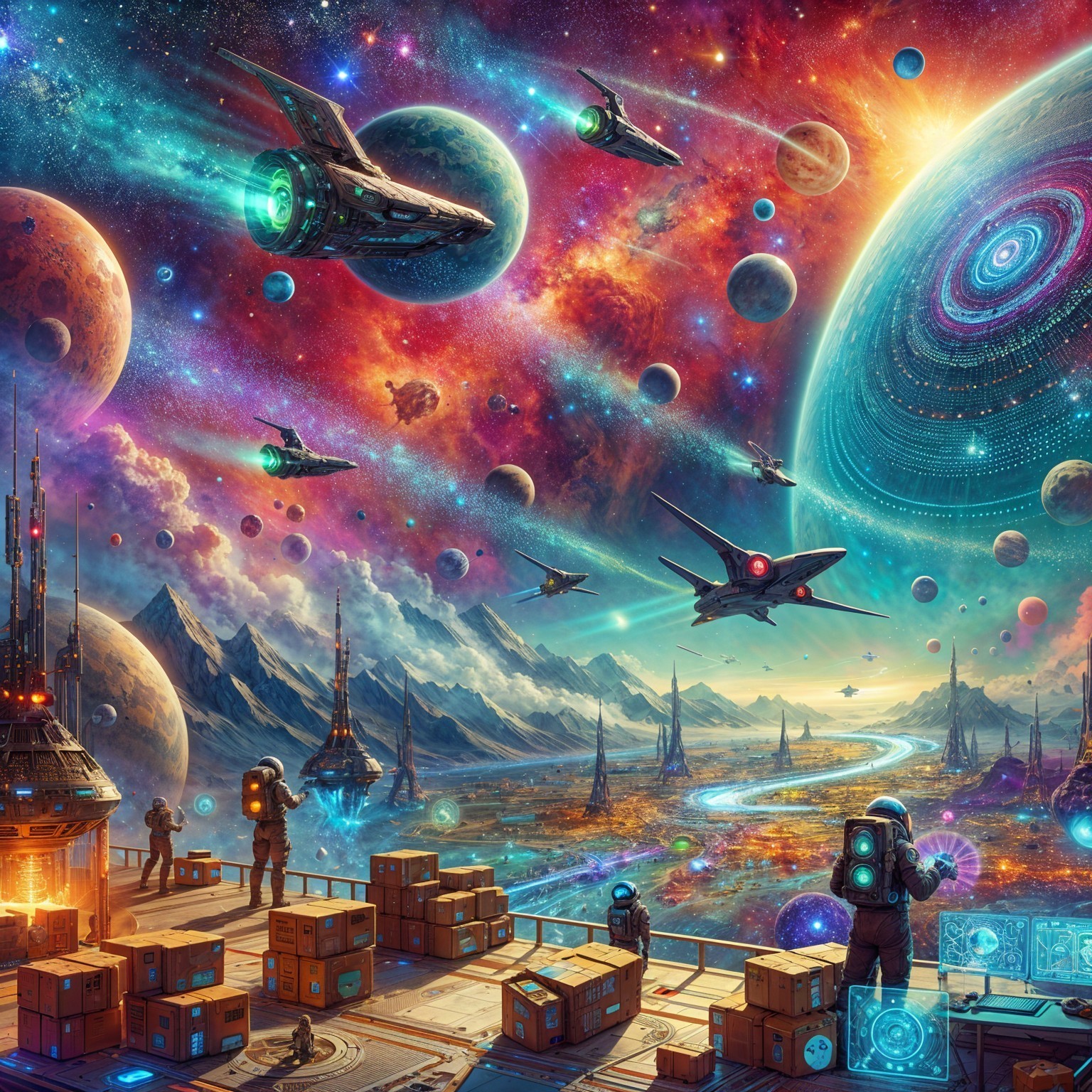 Vibrant Cosmic Landscape with Planets and Spacecraft