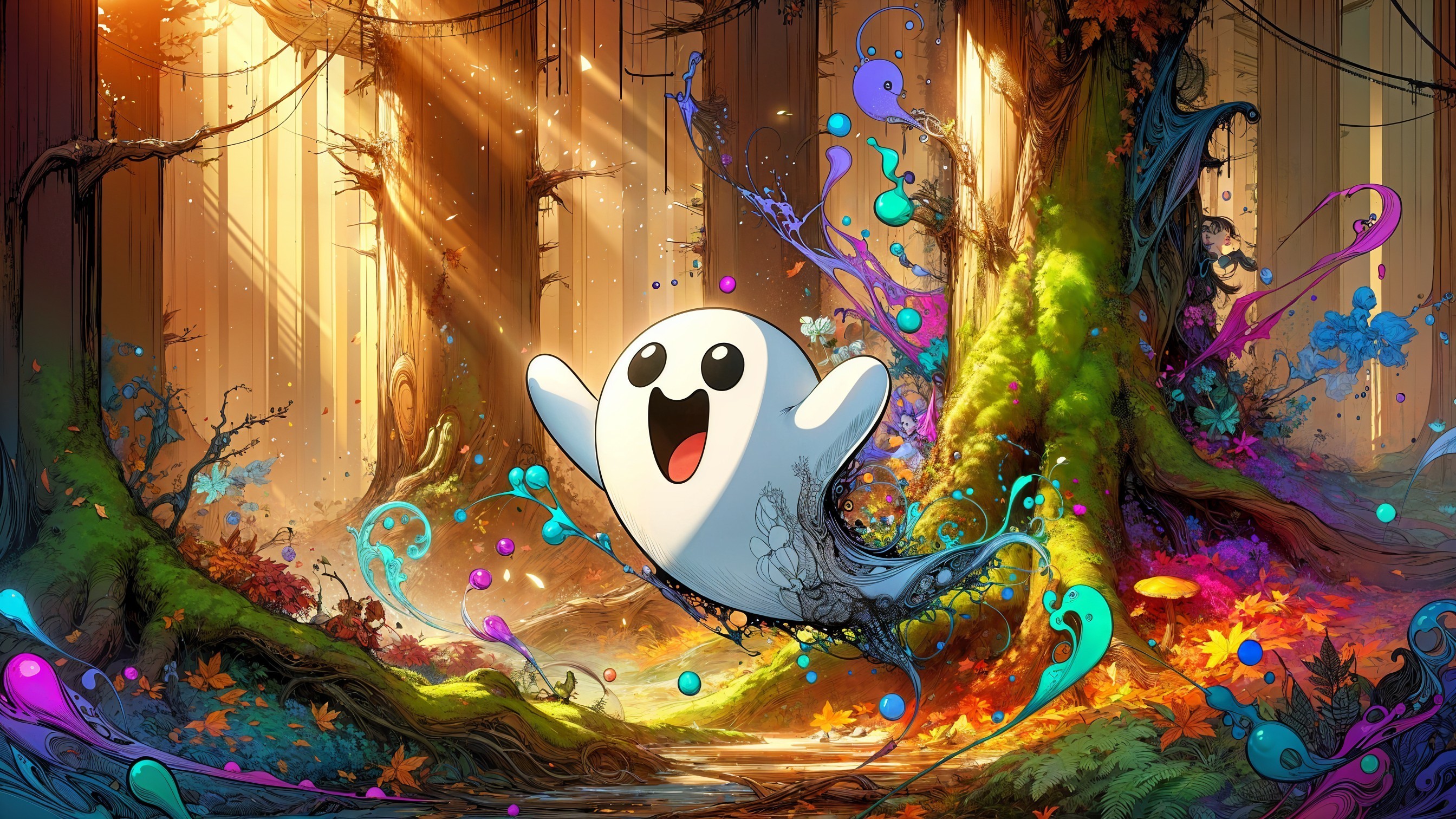 Cheerful Ghost in a Vibrant Enchanted Forest Scene