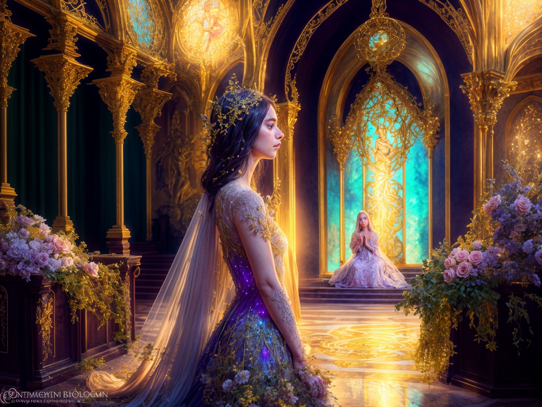Ornate hall with graceful figures and vibrant decor