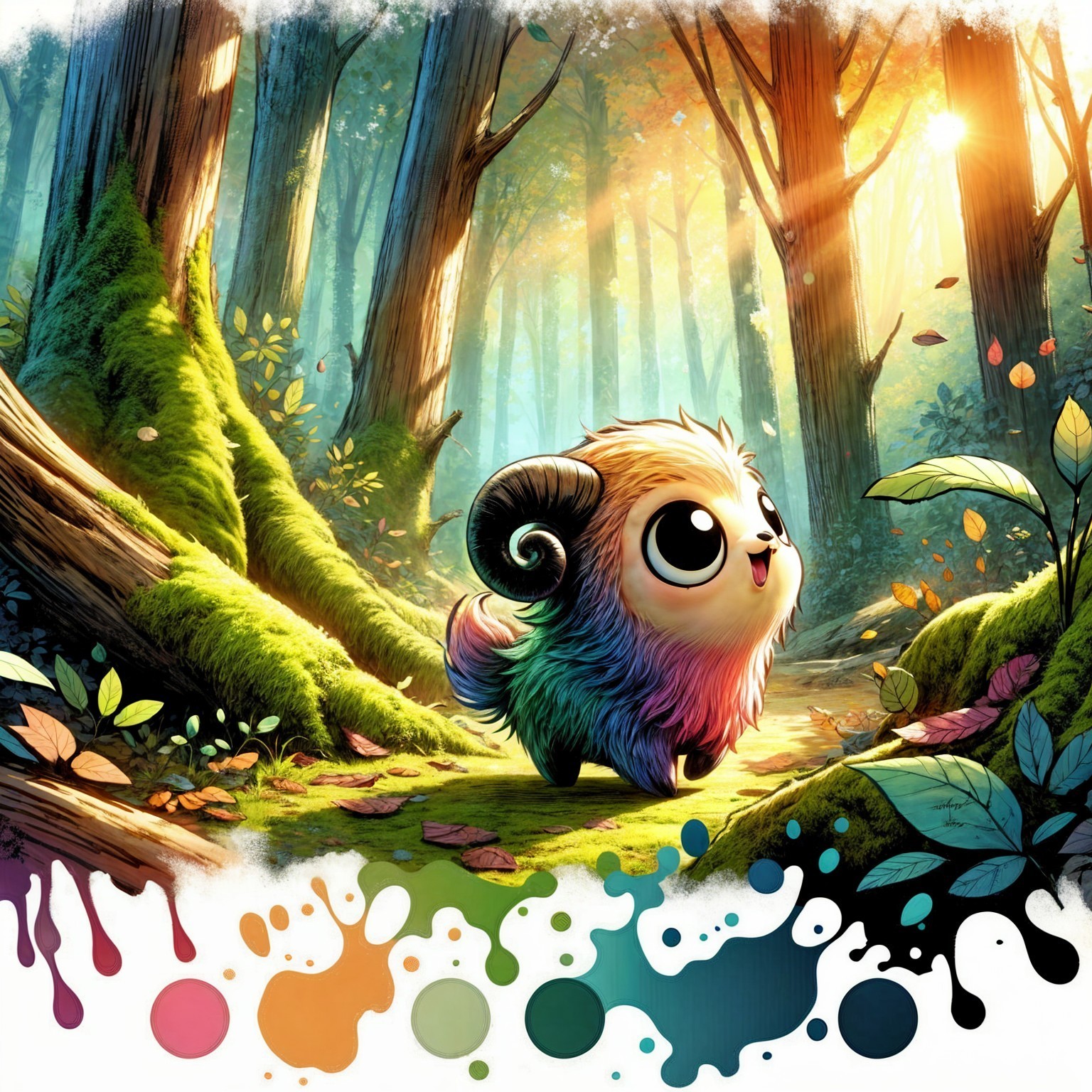 Colorful Fluffy Creature in Sunlit Forest Setting