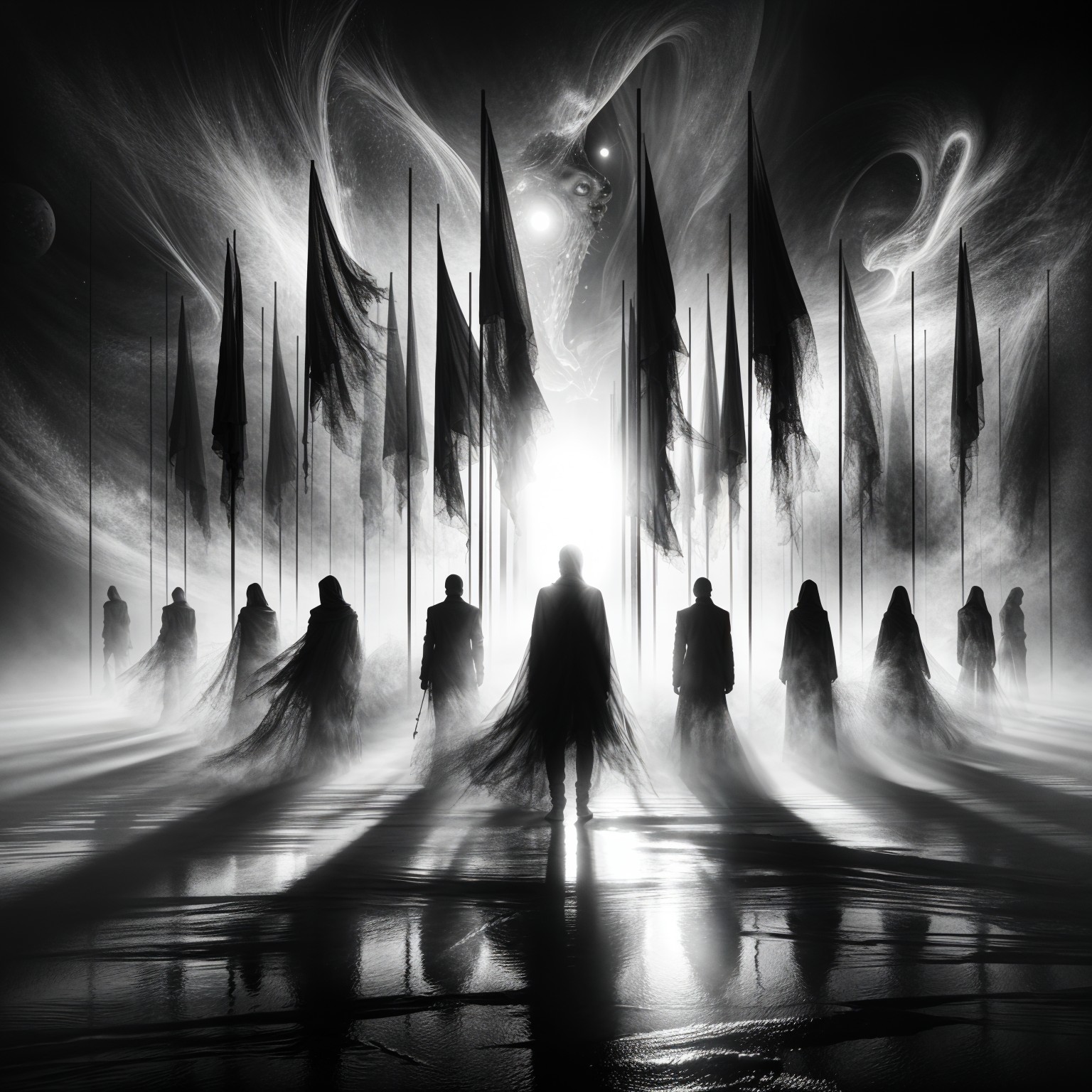 Surreal Monochromatic Landscape with Shadowy Figures