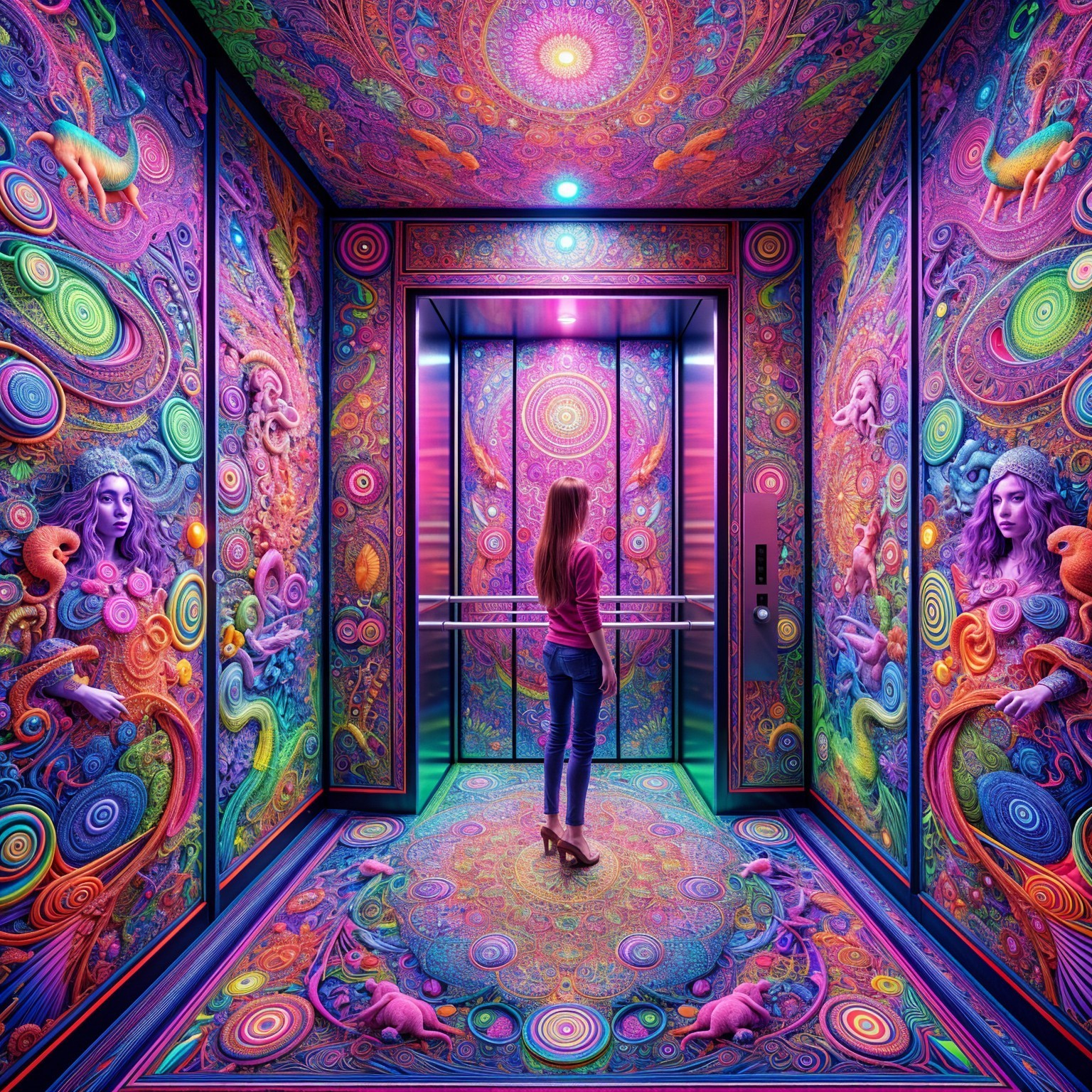 Vibrant Psychedelic Elevator Interior with Intricate Designs